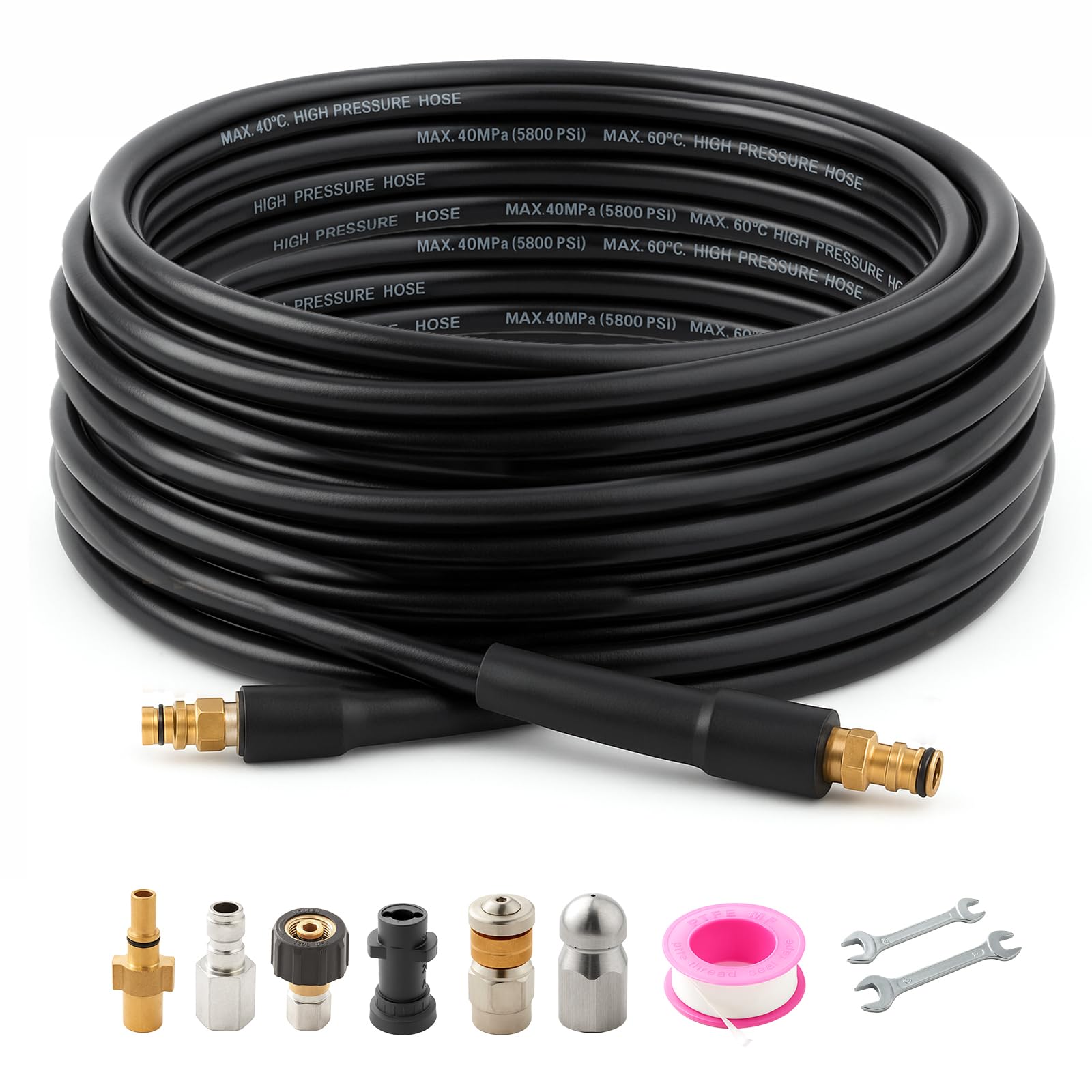 30m High Pressure Washer Hose Drain Cleaning Kit – 5800PSI/400Bar Sewer Jetter Hose for Karcher Washer Gun Includes 4 Adapters, 2 Corner & Rotating Nozzles for Cleaning Sewers, Sinks and Drains (30m)