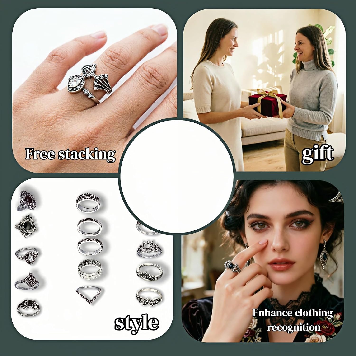 Women's Vintage Knuckle Ring Set, 15PCS Stackable Joint, Bohemian Retro Hollow Lotus Carved & Gothic Thick Rings for Halloween Daily Layered Jewelry