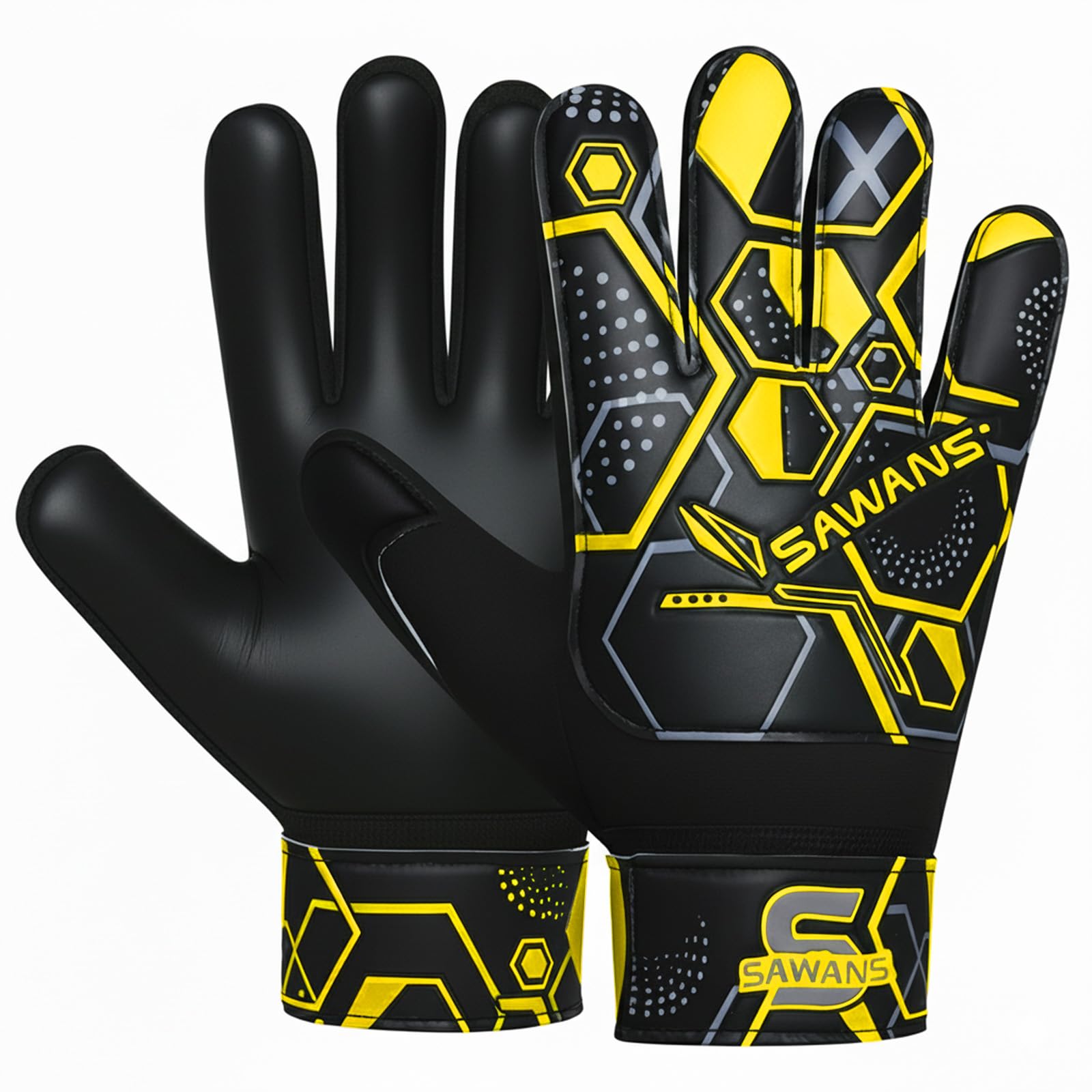 SAWANS Football Soccer Goalkeeper Gloves For Boys Durable Comfortable kids Children Youth Goalie Gloves Wrist Support Strong Grip Padded Palm (Black/Yellow, Size 2 suitable for 3 to 4 Years old)