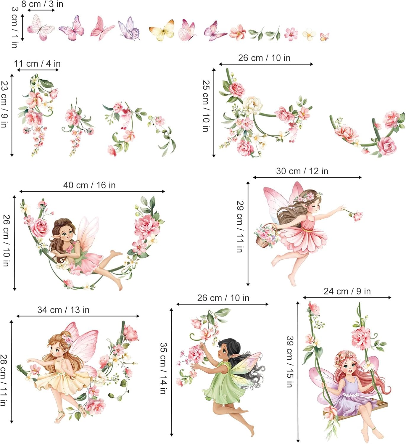 decalmile Pink Flower Fairy Wall Stickers Hanging Peony Flower Vine Butterfly Elf Wall Decals Baby Nursery Bedroom Girls Room Home Decor