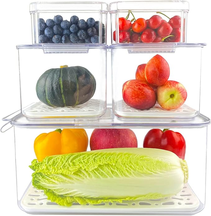 5 PACK Fridge Organizer with Lid,Produce Saver Containers for Refrigerator,Stackable Clear