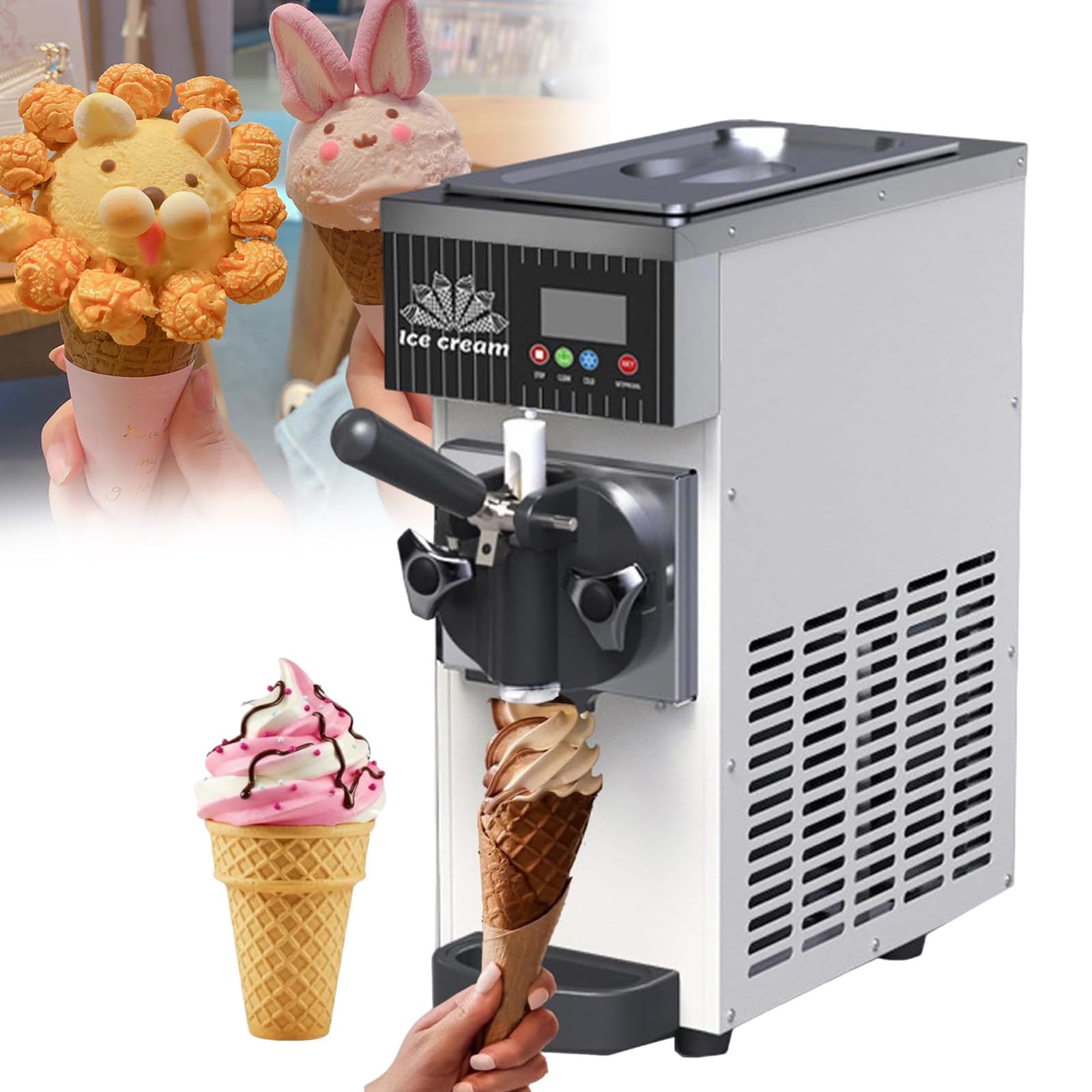 Macchina per Gelato Soft monogusto Professionale da 450 W per Uso Domestico e da banco, con Pannello LCD e Funzione di autopulizia, per ristoranti e gelaterie. White
