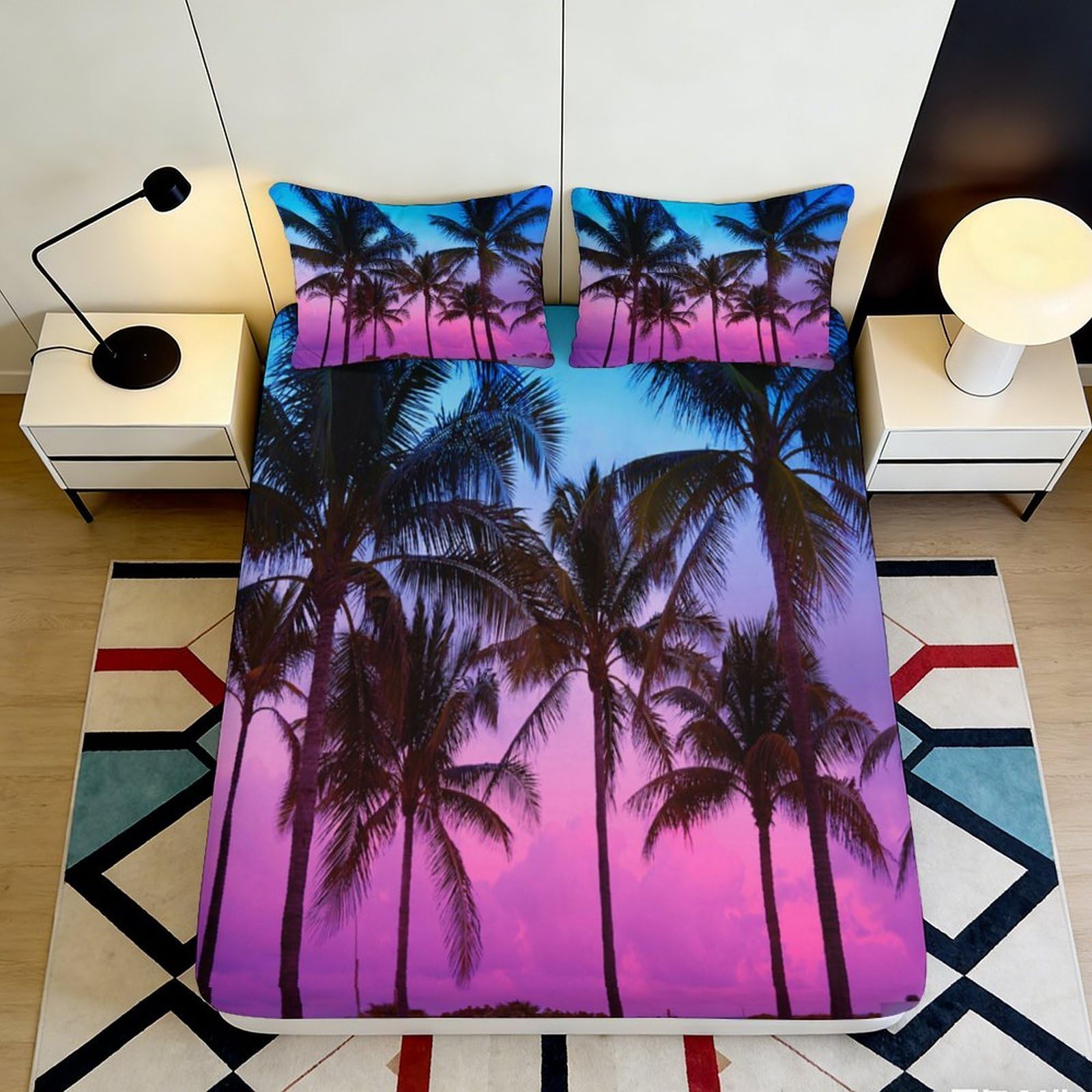 3D Printed Sunset Palm Fitted Sheet Microfiber Soft Tropical Night Mattress Cover for Bedroom Decor Dorm Use 90x200x25cm