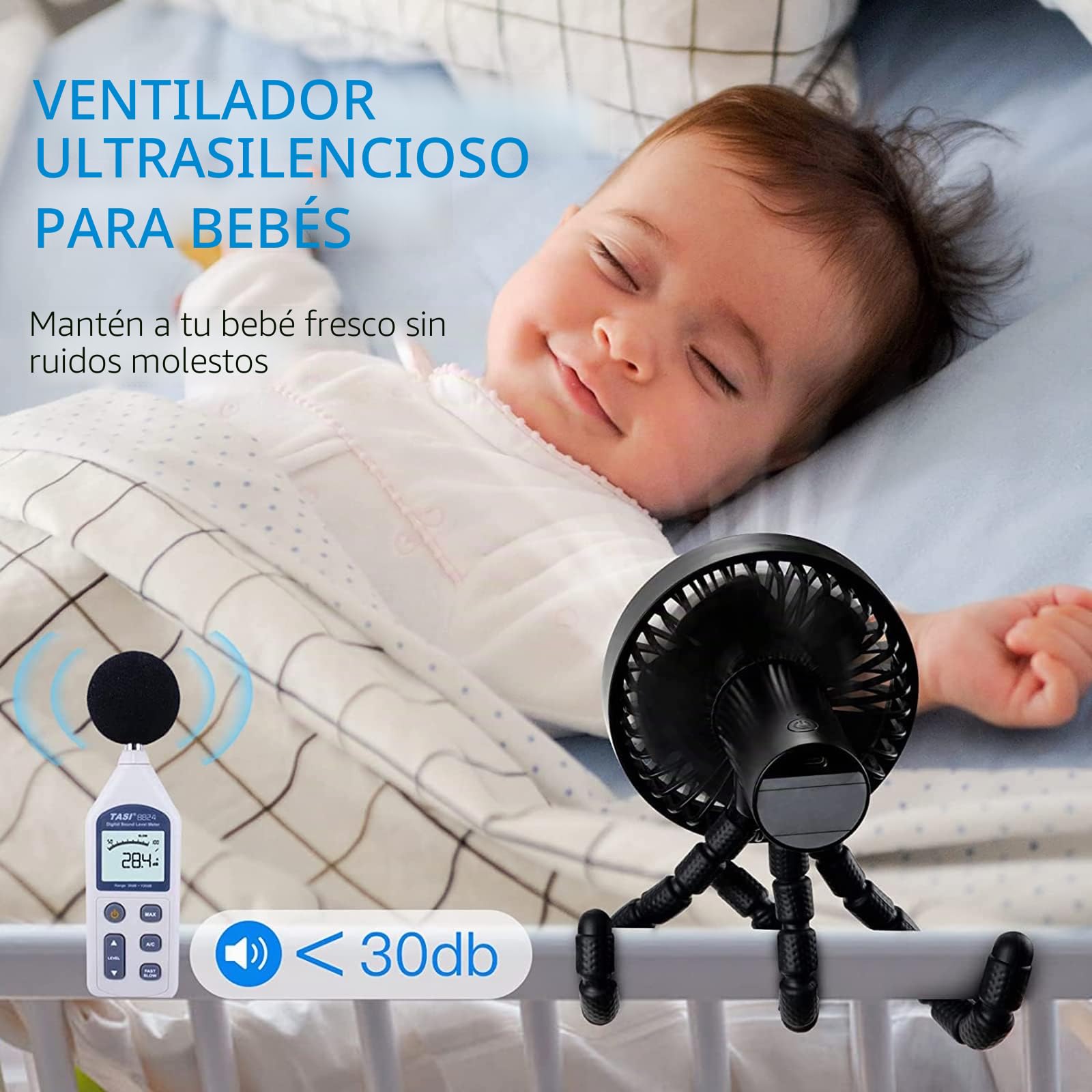 Ventilador USB Ventilador Carrito Bebe, Ventilador de Trípode Silencioso Multifunción, 3 Velocidades, Adecuado para Cochecito, Oficina, Camping al Aire Libre,