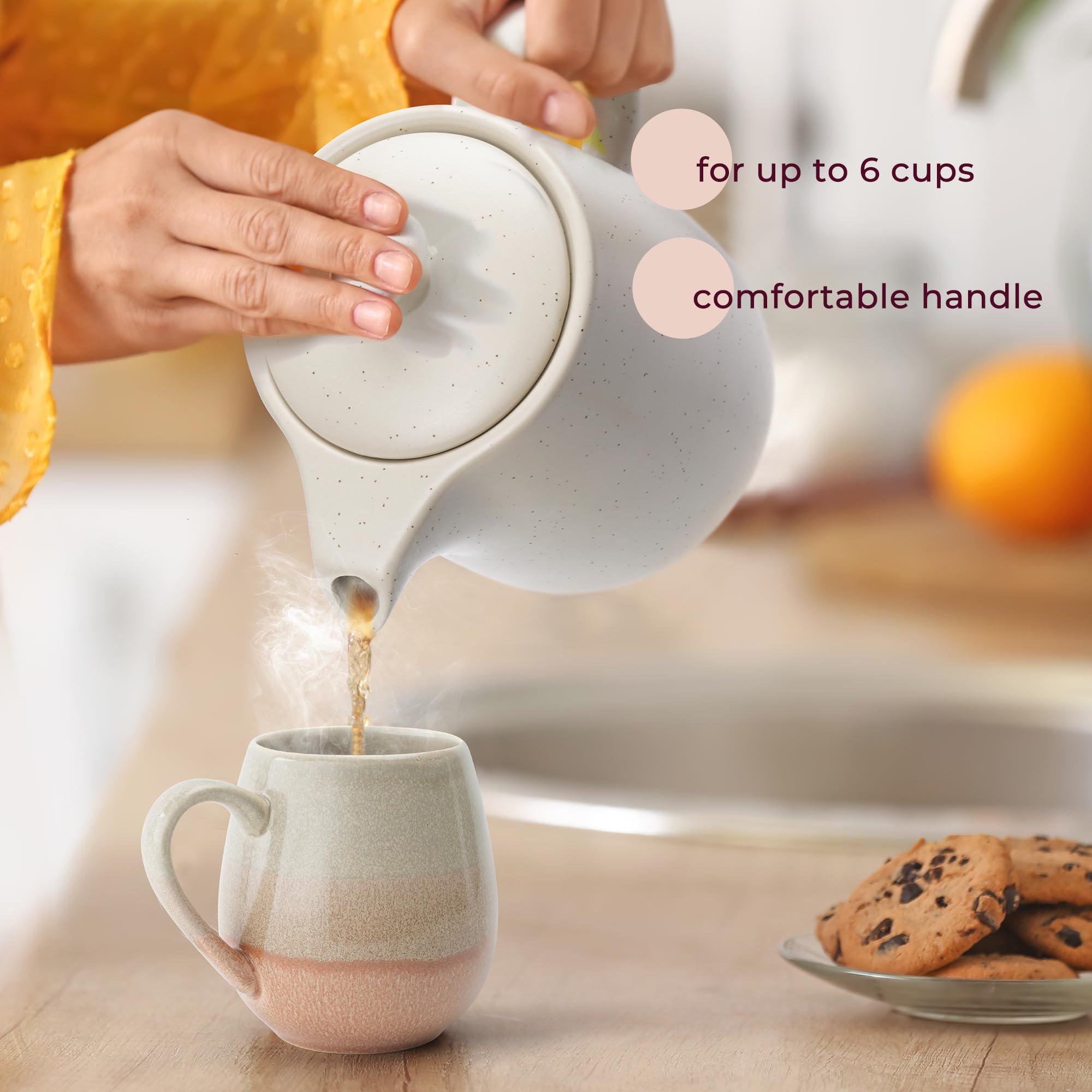 Teekanne mit Siebeinsatz - 1,2 l - Keramik Teekanne Schwarz (Anthrazit) - Teapot - Tee Zubehör - Tea Pot - Steingut Teezubereiter für Losen Tee (Beige)