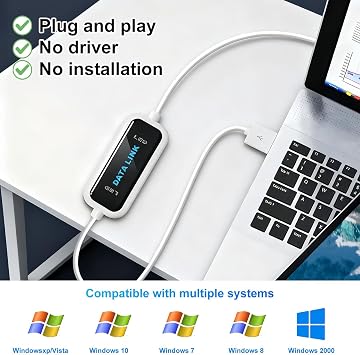 USB Link Cable PC to PC Data Transfer Between 2 Computers 480Mbps Fast Transfer for Windows 11/10/8/7/Vista/XP/2000 1.5m Data Cable Sync Link White