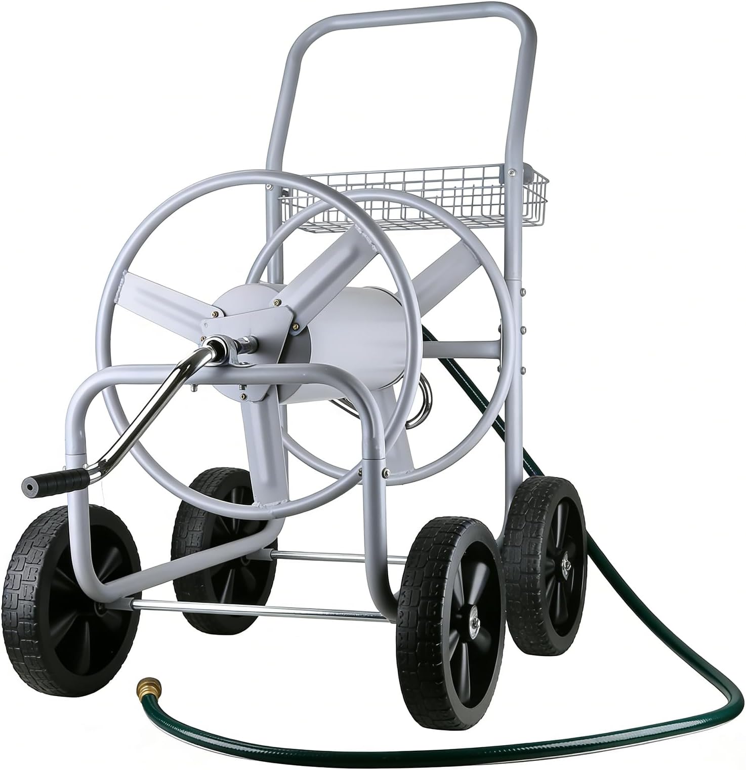 Hose Reel Cart, 250 FT of 5/8’’ Hose, Heavy-Duty Water Hose Cart with 4 Wheels, Storage Basket, Portable Water Hose Organizer for Outside Yard, Outdoor Planting Tool (Sliver)