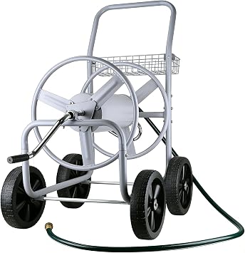 Hose Reel Cart, 300FT of 5/8 Hose, Heavy-Duty Water Hose Cart with 4 Wheels, Storage Basket, Portable Water Hose Organizer for Outside Yard, Outdoor Planting Tool Sliver