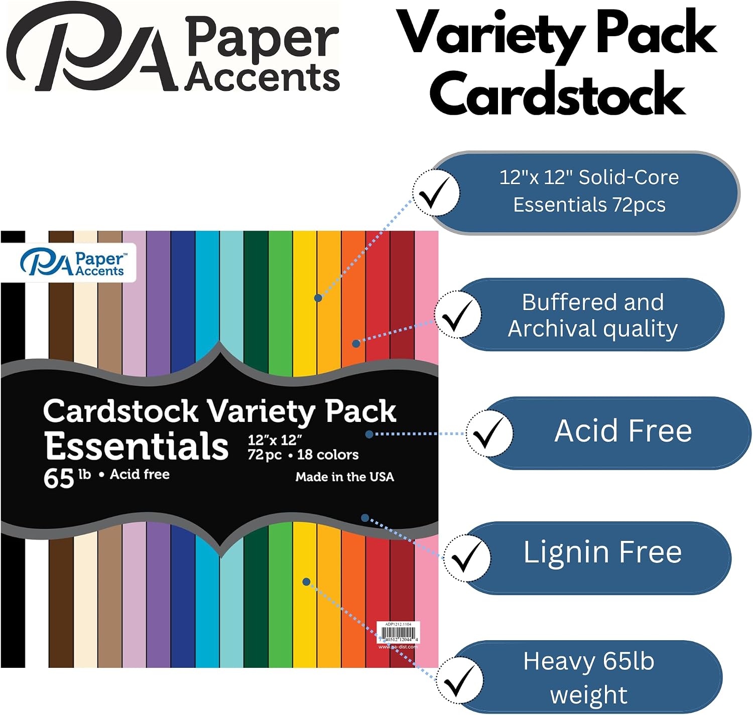 Accent Design Paper Accents Variety Pack, Essential Cardstock, 12x12 Inch, 72 Pack, 18 Colors, 65lb Cardstock, Scrapbooking, Card Making, and Rubber Stamping