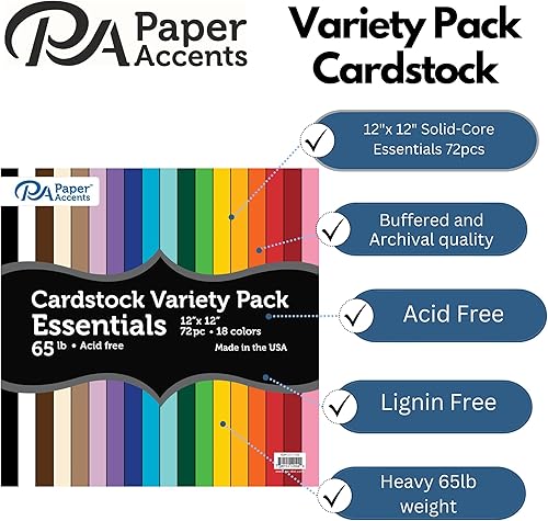 Miniatura 2 de Accent Design Paper Accents Paquete variado de cartulina, 12 x 12 pulgadas, 72 hojas esenciales de 65 libras, cartulina pesada para álbumes de