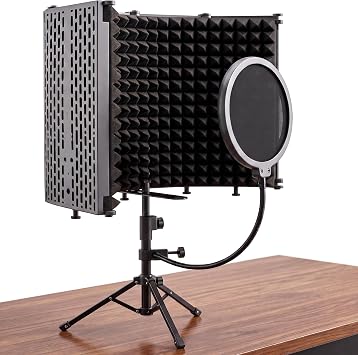 Microphone Isolation Shield with Pop Filter & Metal Desk Tripod Mic Stand Adjustable, 5-Panel Foldable Studio Mic Isolation Shield Portable for Recording Music Singing Podcasting Studio Equipment