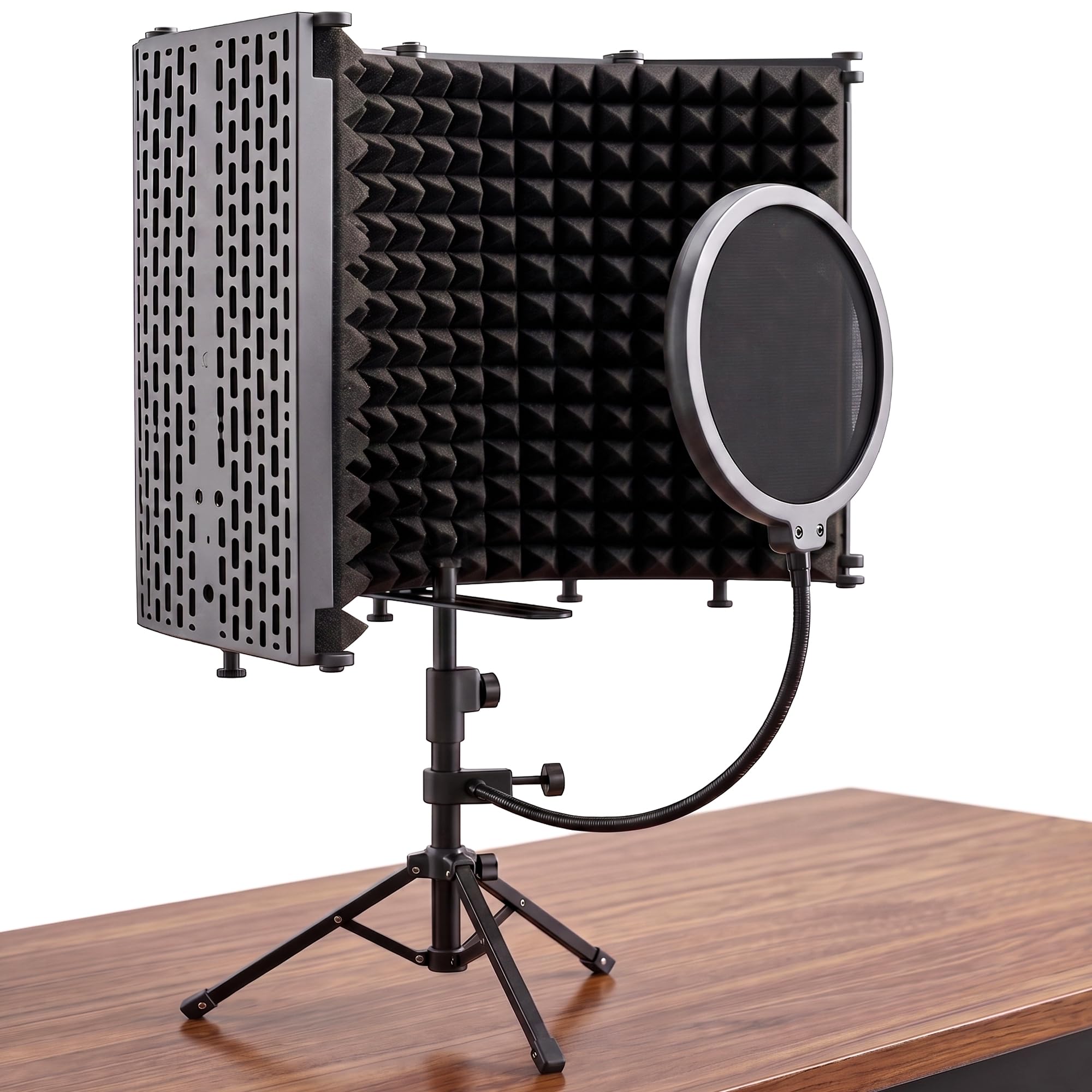 Studio-Mikrofon-Isolationsschild, mit Pop-Filter & Metall-Tischstativ, Mikrofonständer, 5-fach faltbarer Studio-Mikrofon-Isolationsschild, tragbar für Singen, Podcasting, Musikaufnahme