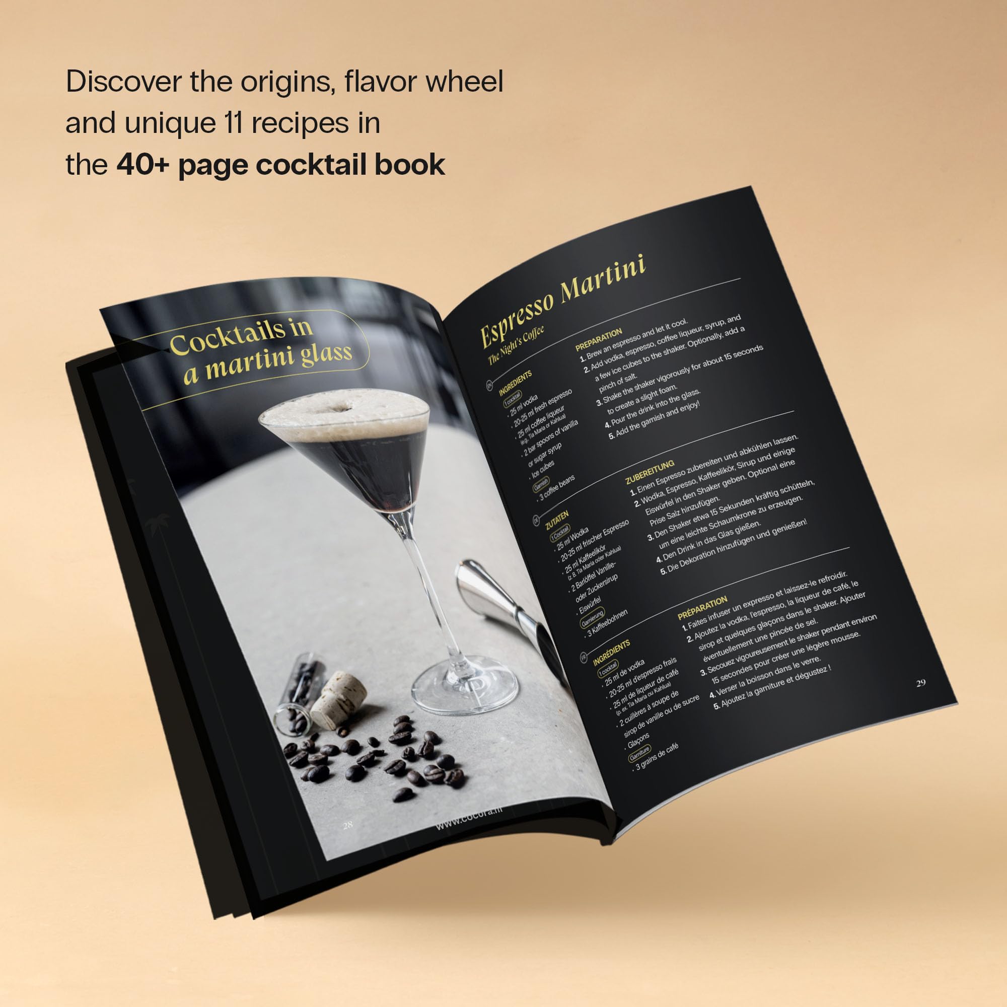 Juego de Martini Cocora | Set de Cóctel de 8 Piezas con Vasos | Coctelera, Taza medidora | Copas de cóctel de Martini | Libro de cócteles (Espresso Martini, Cosmopolitan)