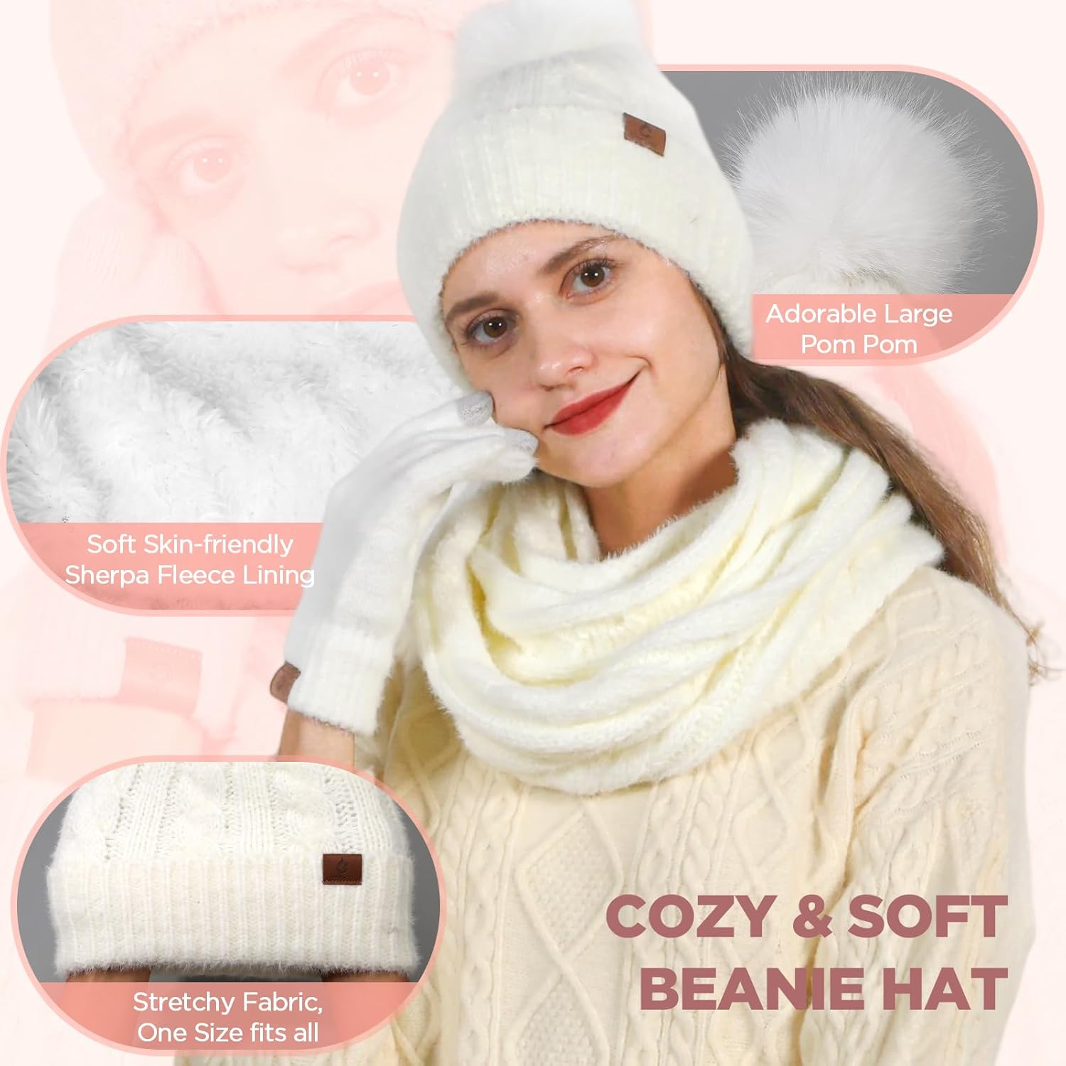 Womens Beanie Hat Infinity Scarf Touchscreen Gloves Fleece Headband 4 in 1 Winter Clothes Set Gifts for Women - Image 2