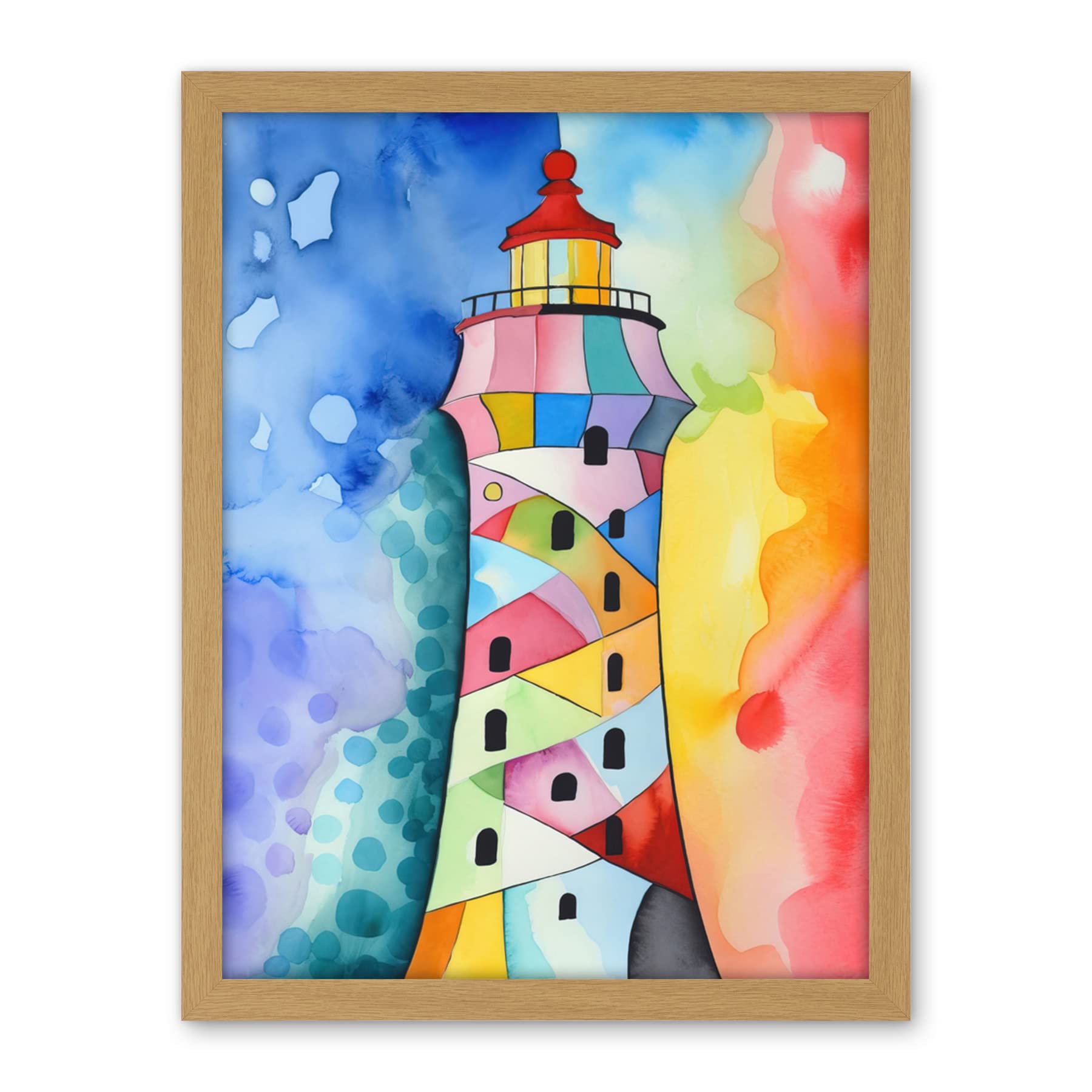 Artery8 Lighthouse Concept With Rainbow Colour Sky Folk Art Watercolour Painting Artwork Framed Wall Art Print 18X24 Inch