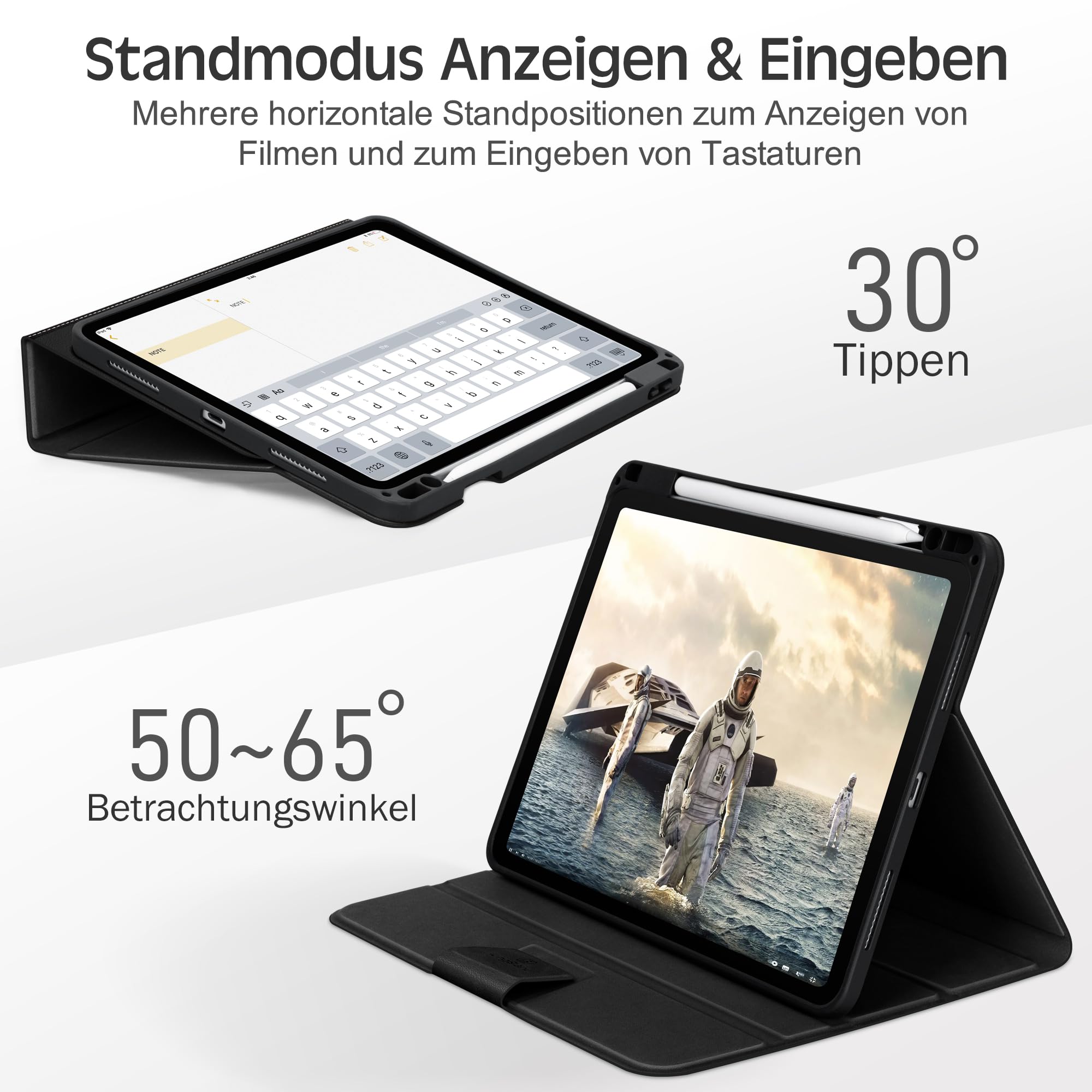KingBlanc Hülle für iPad Pro 11 Zoll M5 2025/M4 2024 Schwarz | Design im Notizbuchstil, Stifthalter, PU Leder, Verstellbarer Ständer, Auto Schlaf/Wach, Unterstützt Pencil Pro/USB-C