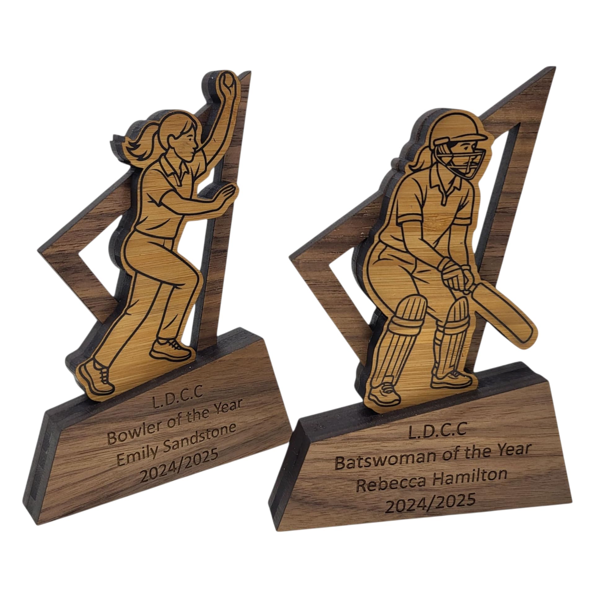 Rutherfords Gifts Impact Female Cricket Trophy – Personalised Wooden & Bamboo Women’s Cricket Award with Engraving – Bowler or Batter Design