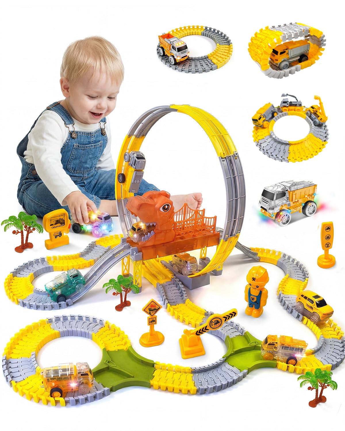 Dinosaur Race Track Toy with 360-Degree Loop, Dinosaur Toys Train Track with 2 Luminous Dinosaur-Themed Cars