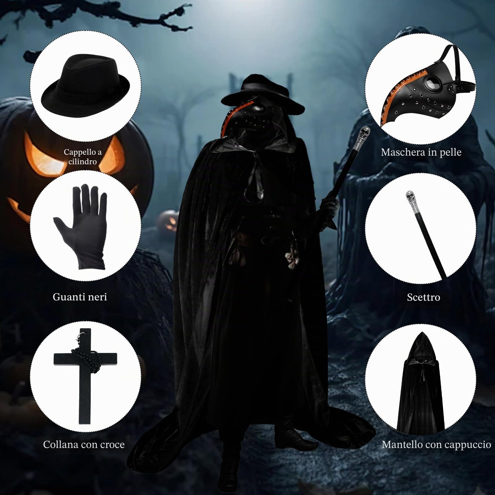 Costume da medico della peste per adulti e bambini, maschera da medico della peste con mantello con cappuccio, cappello a cilindro, collana con croce, guanto, scettro, retrò