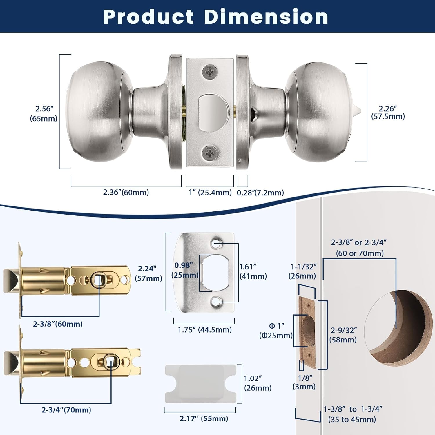 Orger 10 Pack Brushed Nickel Privacy Door Knobs Interior, Classic Round Shape Stain Nickel Bedroom Doorknobs with Lock, Keyless Modern Design Door Lockset for Bathroom and Bedroom
