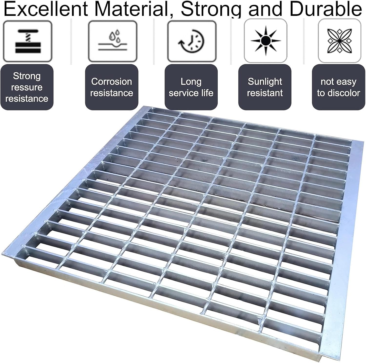Galvanized Steel Drain Grate with Lip 24x24 in, B-Class 28100 lbs Heavy-Duty Driveway Channel Cover w/Base, Outdoor Trench Drainage Grate, Silver Square Metal Sewer Cover for Garage