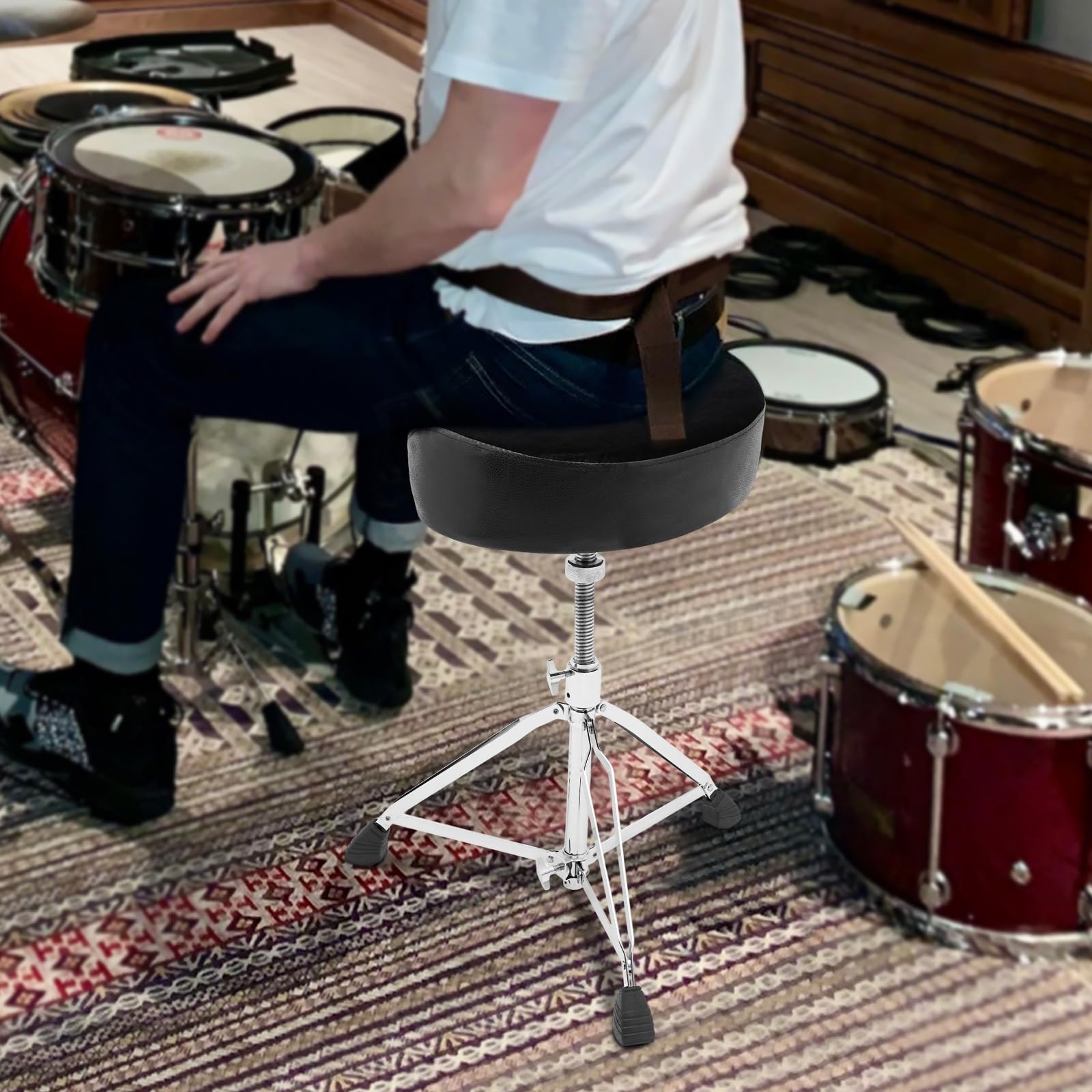 Sgabello con tamburo imbottito, pieghevole e portatile, sgabello per batteria, regolabile in altezza con imbottitura, sgabello per batteria con piedini antiscivolo