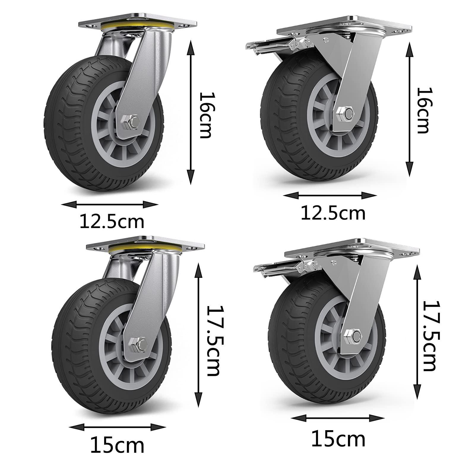 HJXGQJM Ruote for Mobili Carichi Pesanti, Ruote Pivottanti in Gomma,2 Ruote con Freno + 2 Ruote Girevoli Rotelle girevoli(12.5cm)