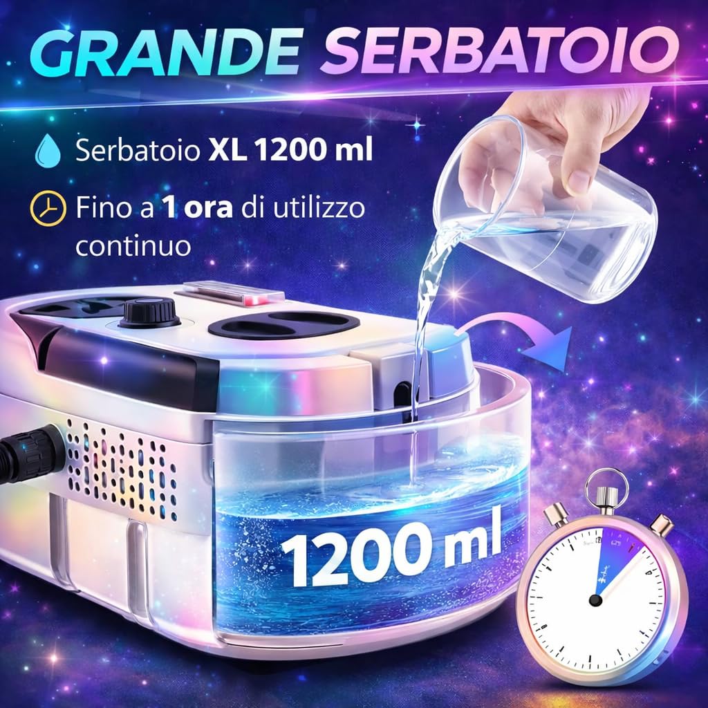Pulitore a Vapore Portatile 2500W ad Alta Pressione – 6 Velocità Regolabili, Serbatoio 1200 ml, 3 Testine Incluse – Ideale per Casa, Cucina, Bagno, Finestre e Auto