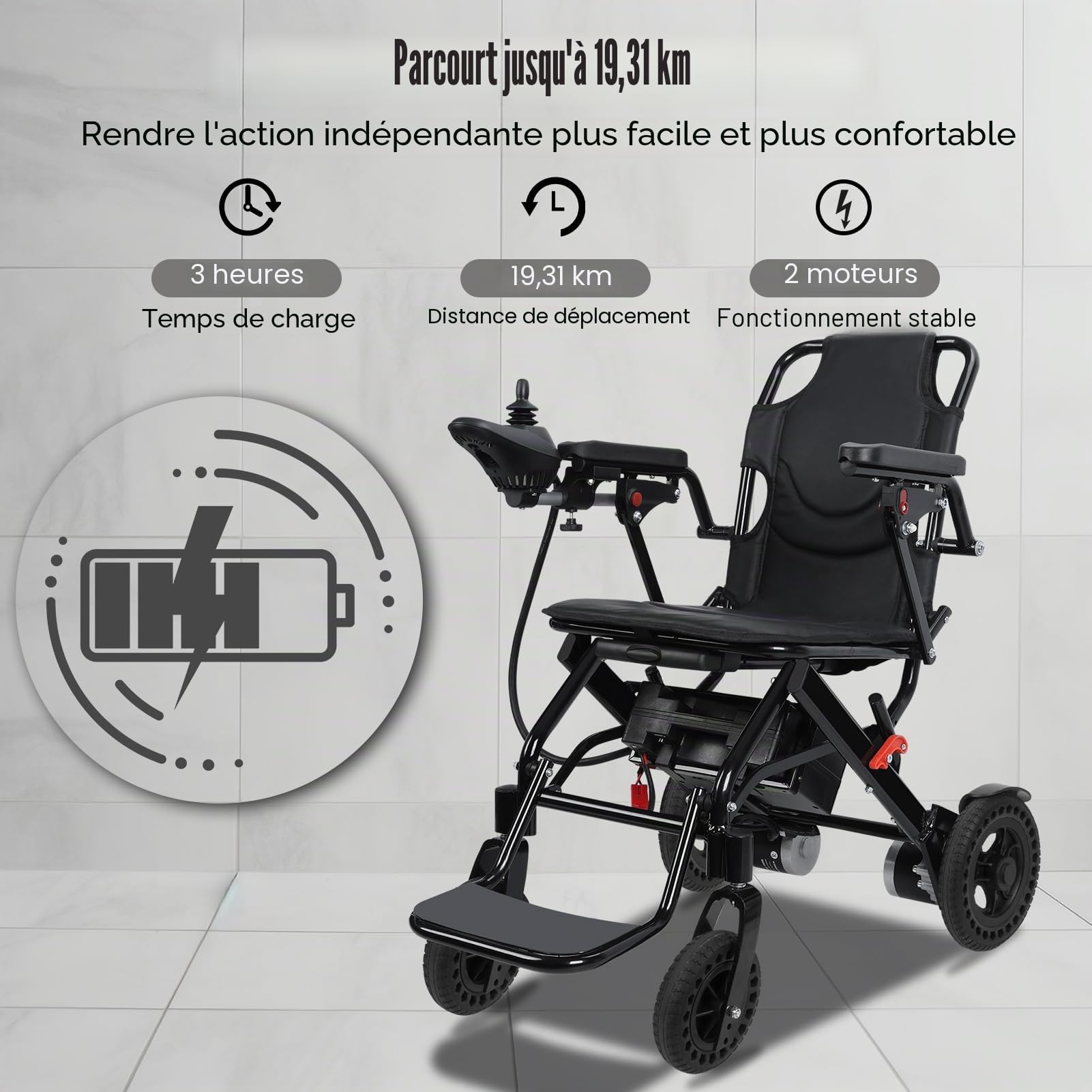 Fauteuil roulant électrique ultra léger pliable compact en aluminium de 22 kg pour adultes et personnes âgées, fauteuil roulant portable avec repose-pieds, 500 W, 20 km (noir)
