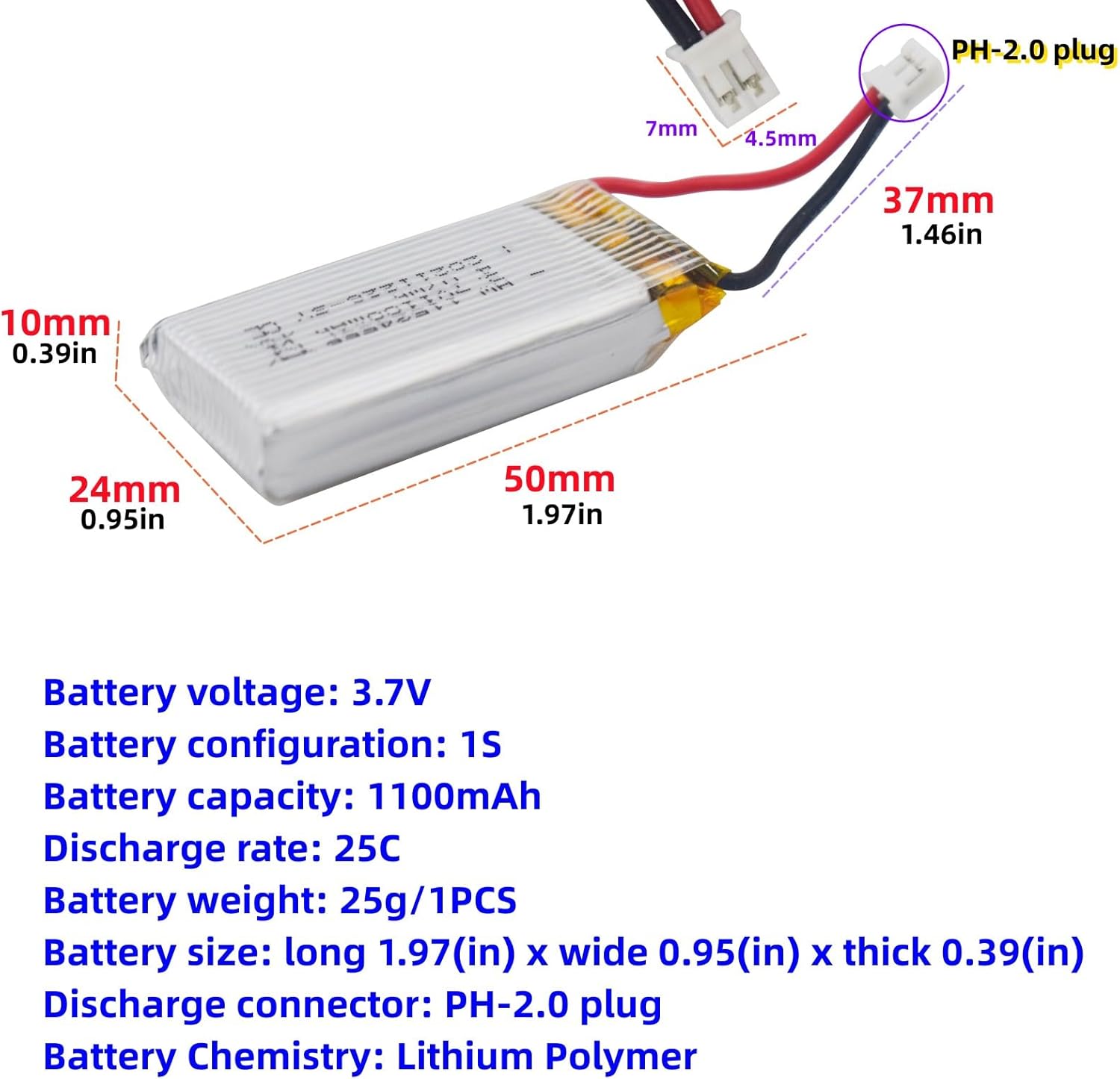 sea jump 2PCS 1S 3.7V 25C 1100mah PH2.0 Plug Lithium Battery with USB Charging Cable for RC Remote Control Aircraft Quadcopter Remote Control UAV RC Remote Control Car Backup Battery