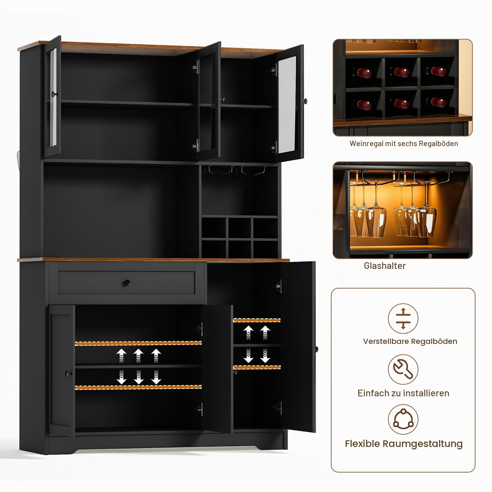 Küchenschrank100x40x180cm, Buffetschrank, Sideboard Küche mit 6-Fach Weinrega, LED-Licht, USB-Steckdose & verstellbaren Böden, Anti-Kipp für Küche, Esszimmer und Wohnzimmer (Schwarz)