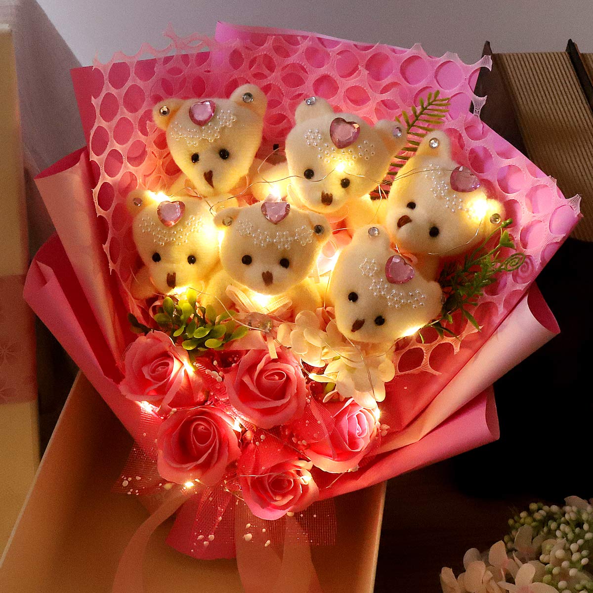 Amazon｜Rerxn LED花束 ソープフラワー くま 造花ブーケ ぬいぐるみ