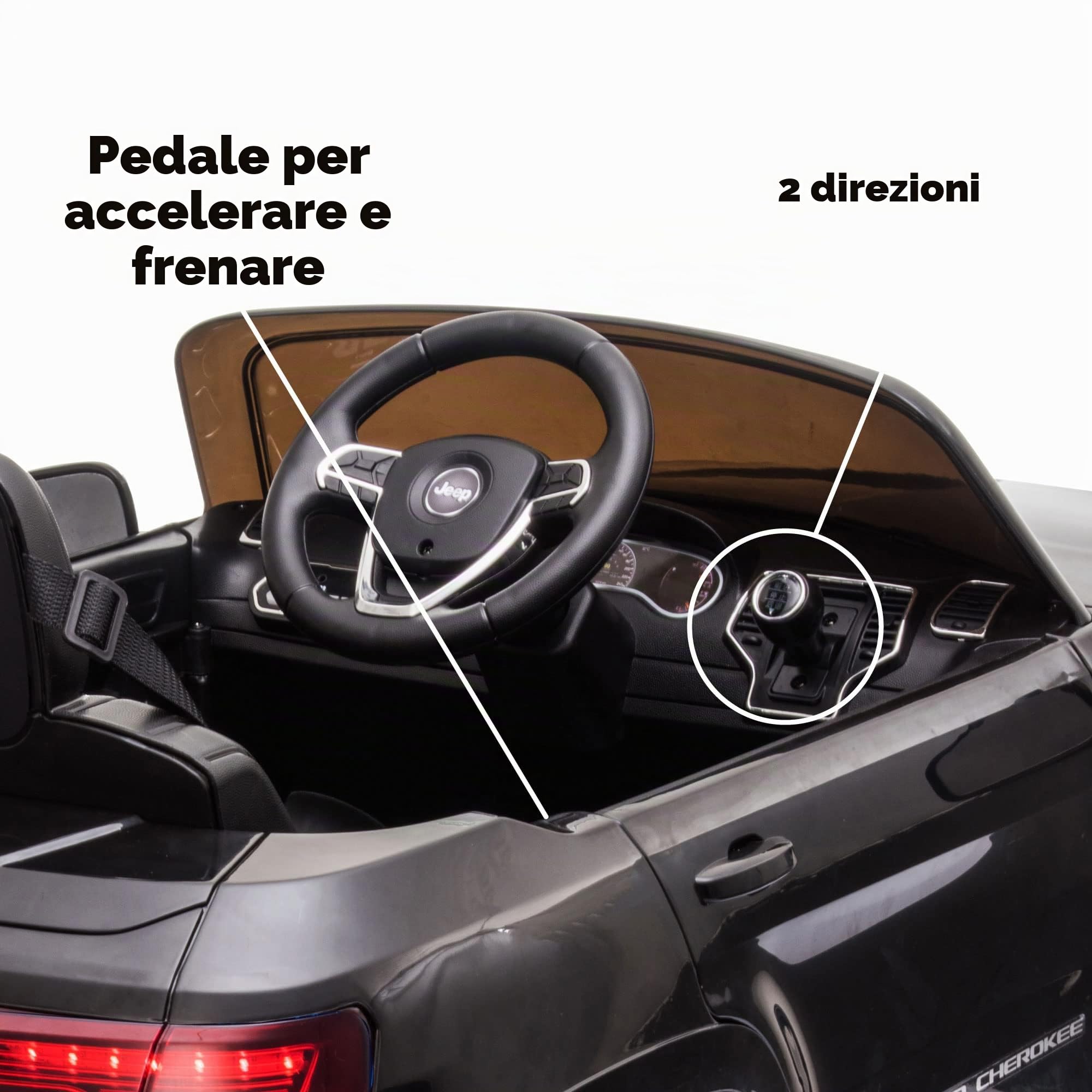 FEBER Jeep Cherokee Black 12V R/C, Auto elettrica, 1 posto, radiocomando: Fari con luce, 2 marce, acceleratore e freno elettrico, da 3 a 8 anni, Famosa (800013449)