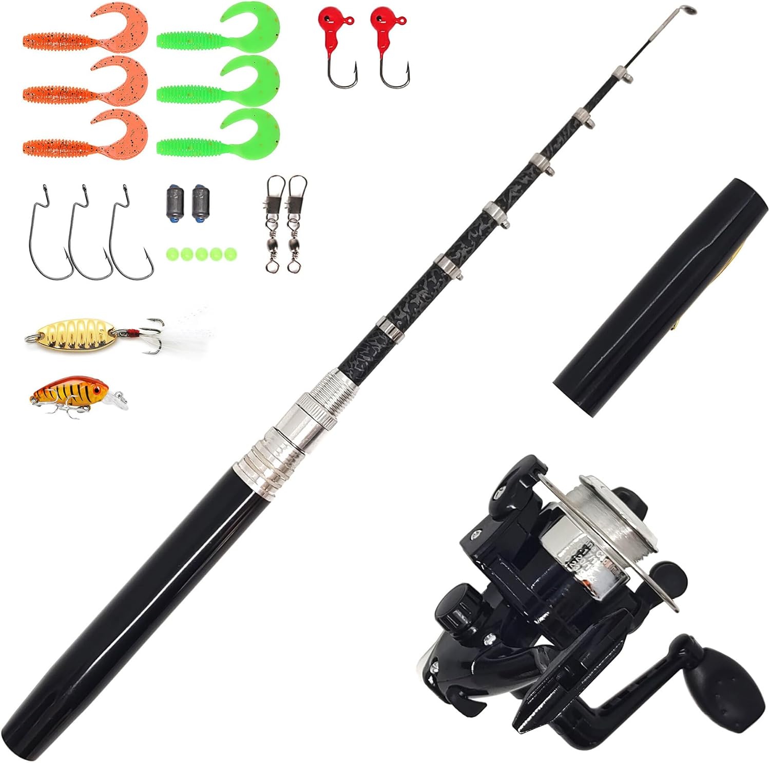 ポータブル38インチ/55インチの伸縮式ミニペン釣り竿とリールコンボ、フックラインルアー付きポケットフィッシュポール、川、湖、氷など
