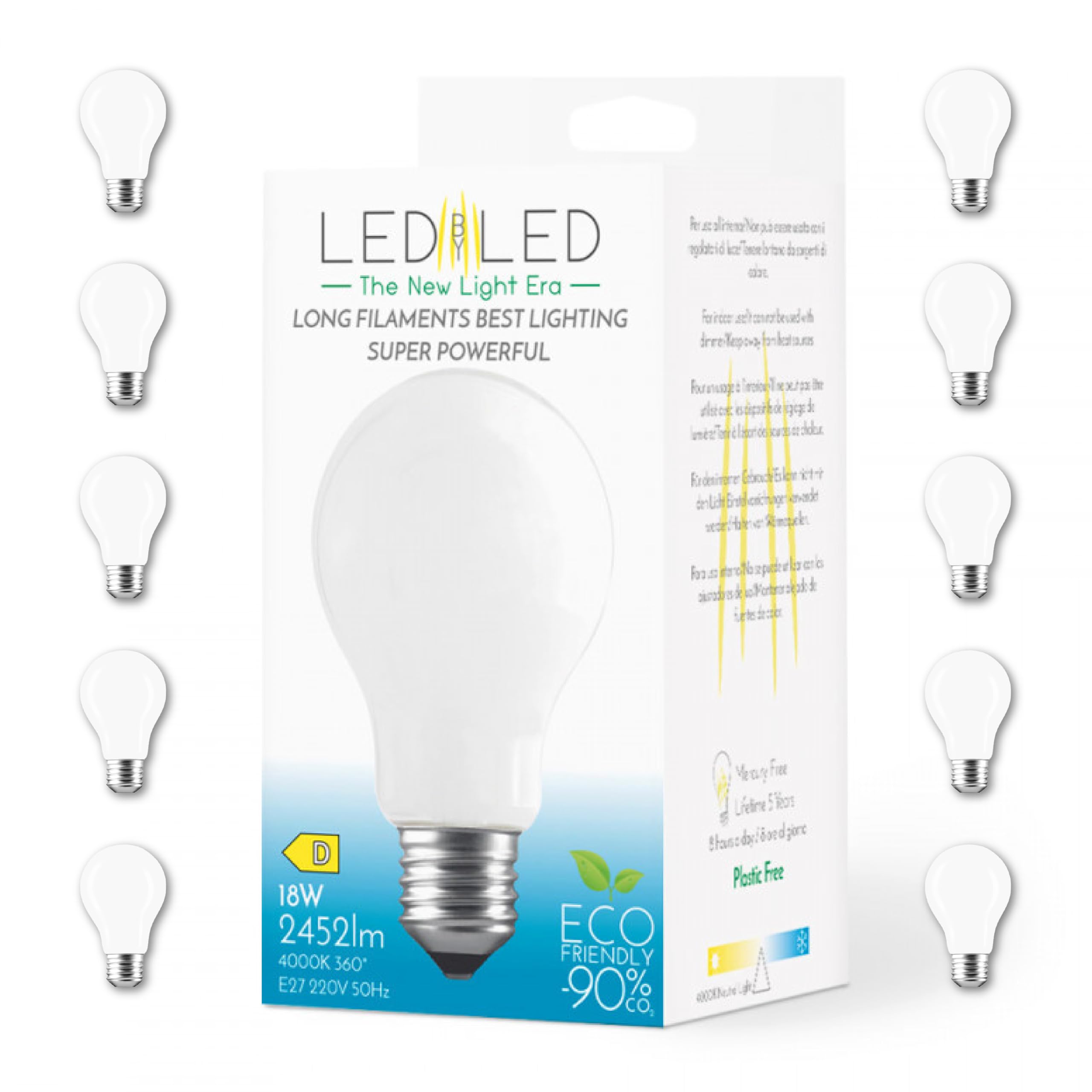 Bombilla Gota 18W Equivalente a 180W, E27, Cristal Lechoso, 4000K Luz Natural, filamento LED recto, 2452 Lúmenes, Pack de 10 unidades