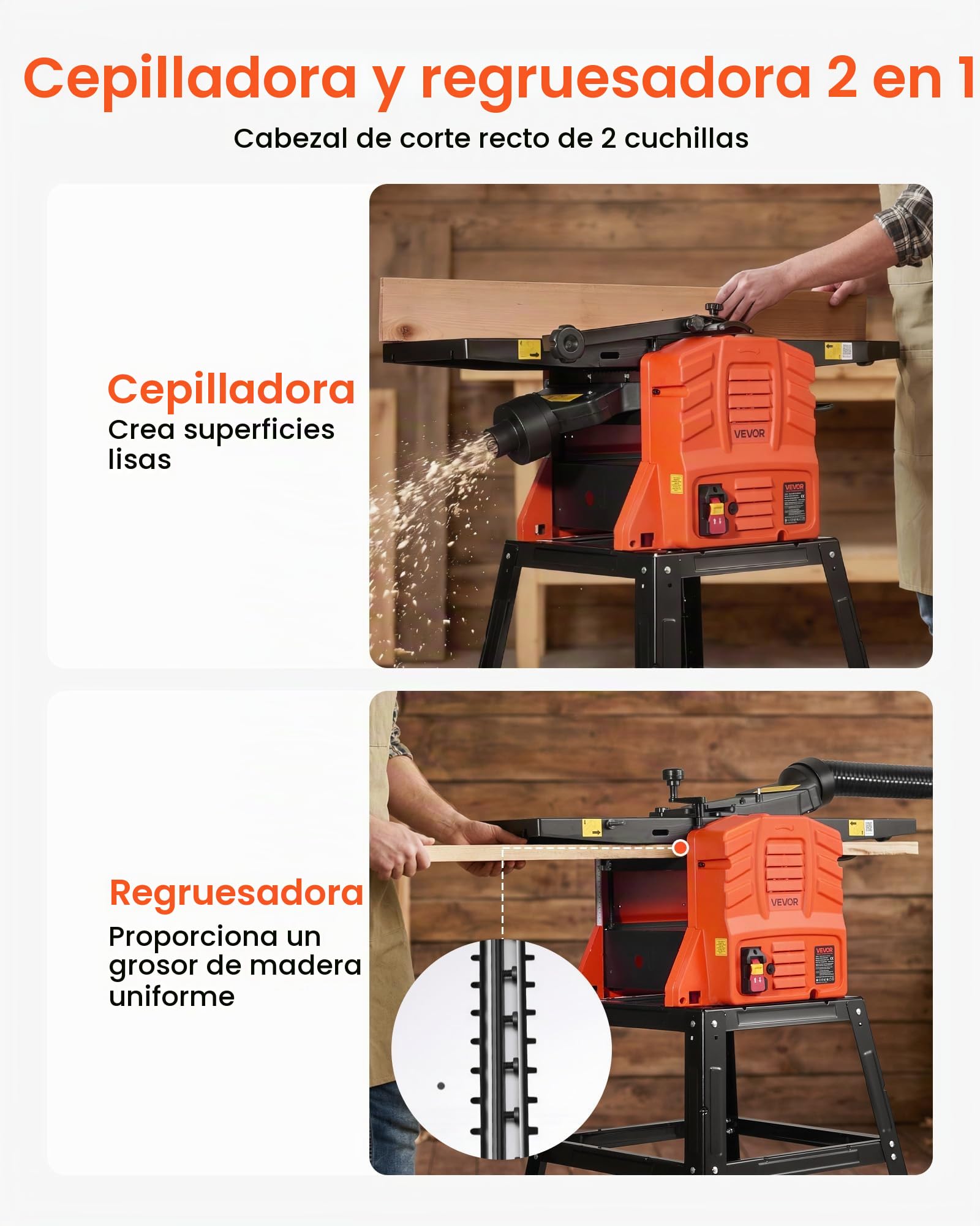 VEVOR Cepilladora y Ensambladora de Banco 254 mm 2,4 HP 8000 rpm, Ensambladora de Madera de Banco con Soporte, Cabezal de Corte Recto de 2 Cuchillas, Profundidad de 0 a 3 mm, para Carpintería