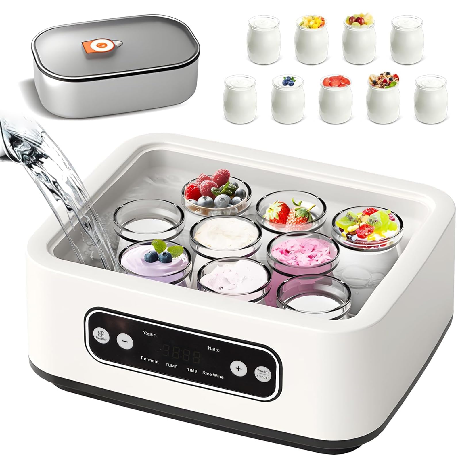 Joghurtbereiter mit einem 1,6-Liter-Edelstahleinsatz und 9 Glasbehälter à 100 ml, Abschaltautomatik & LCD-Display, Automatische Joghurtmaschine für DIY Joghurt, Käse-, Natto-Zubereiter