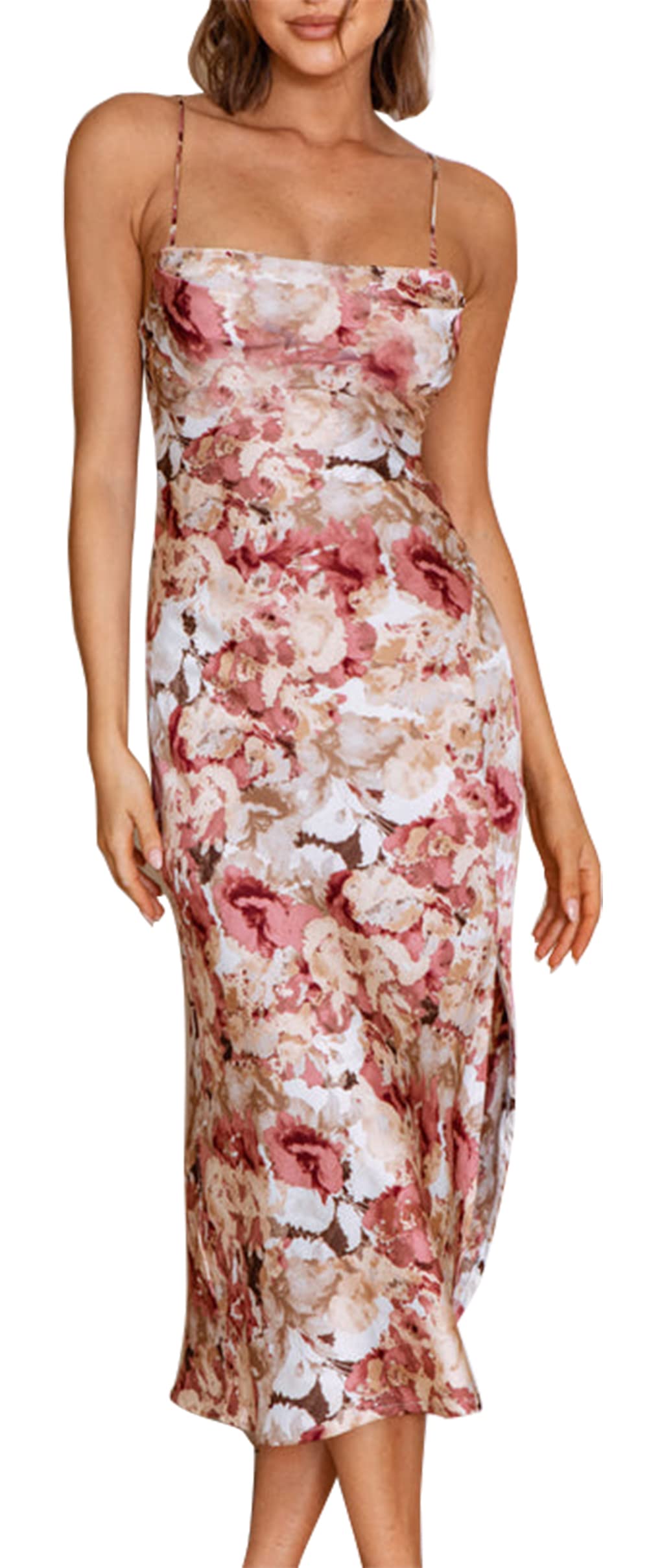 Cantonwalker Women's Satin Spaghetti Straps Cowl Neck Sexy V-Back Cross Slip Cocktail Formal Midi Dress 0238