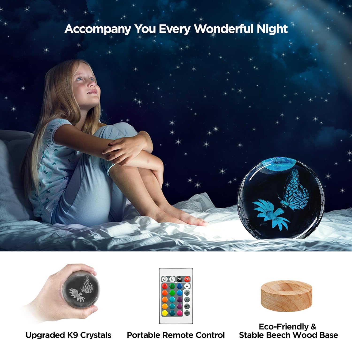 3D Crystal Ball Night Light with Wooden Base, 3.15" Butterfly & Flower Figurine Glass Lamp with 16 Colors, Cute Desk Decor for Bedroom Gifts - Image 5