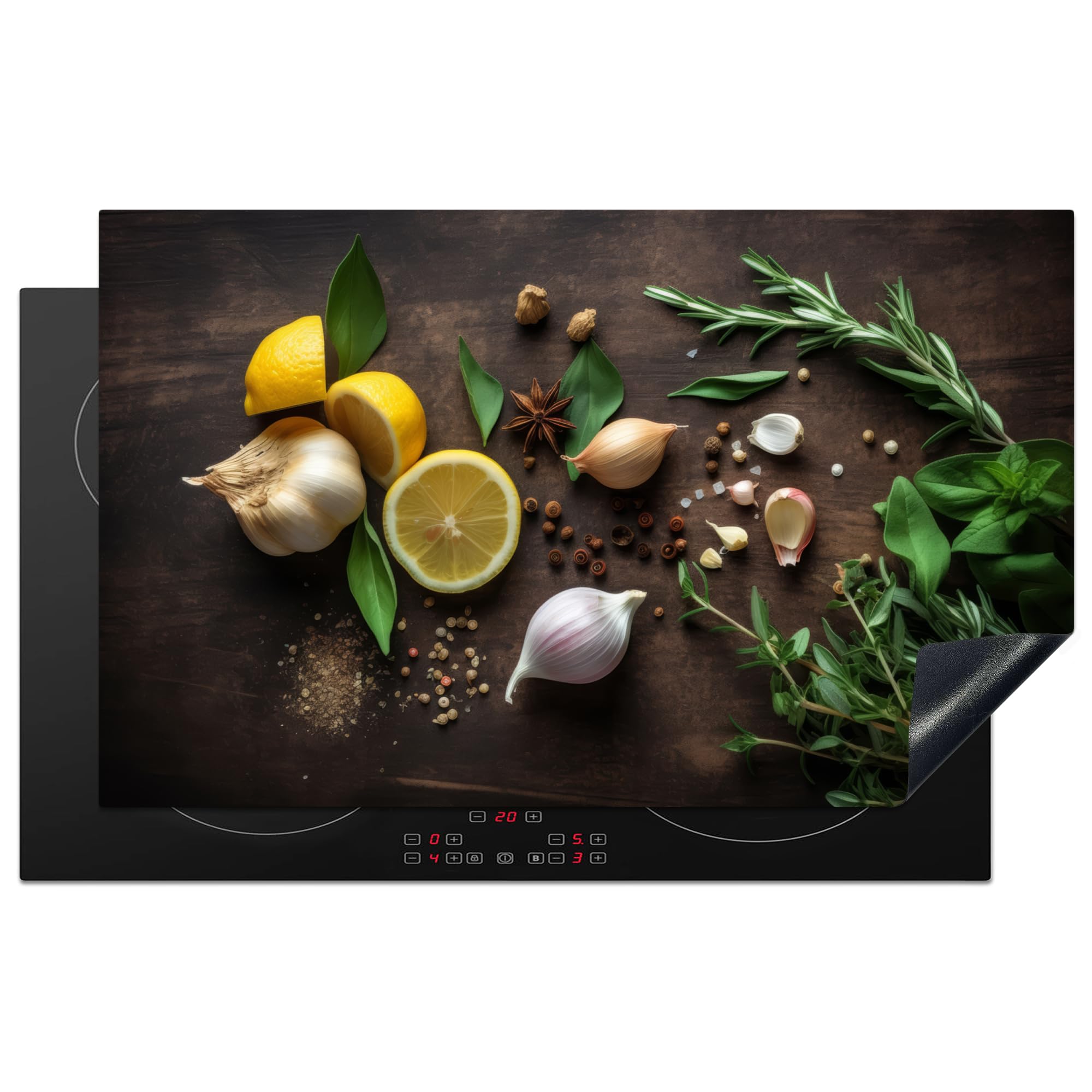 KitchenYeah© Induction Hob Protector Mat 20.5"x33.5" / 85x52 cm Stove Cap Top Cover Kitchen Cooker Covers for Electric Hobs Vinyl Herbs - Lemon - Fruit - Wood Print