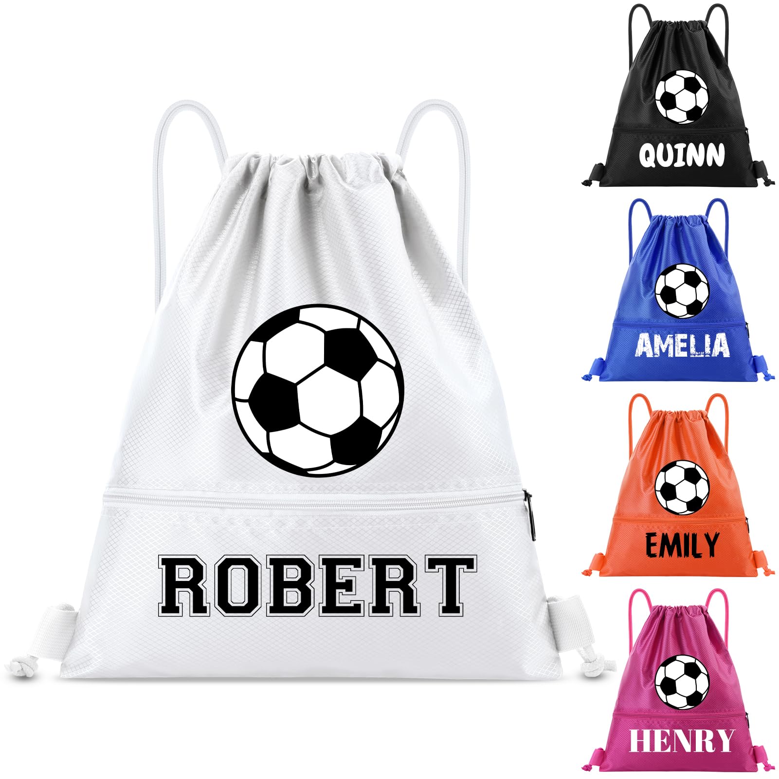 Fyore Bulk Custom Drawstring Bags with Soccer&Name Personalised Drawstring Backpack Waterproof Sport Gym Sackpack for Travel Daily Use Events Business