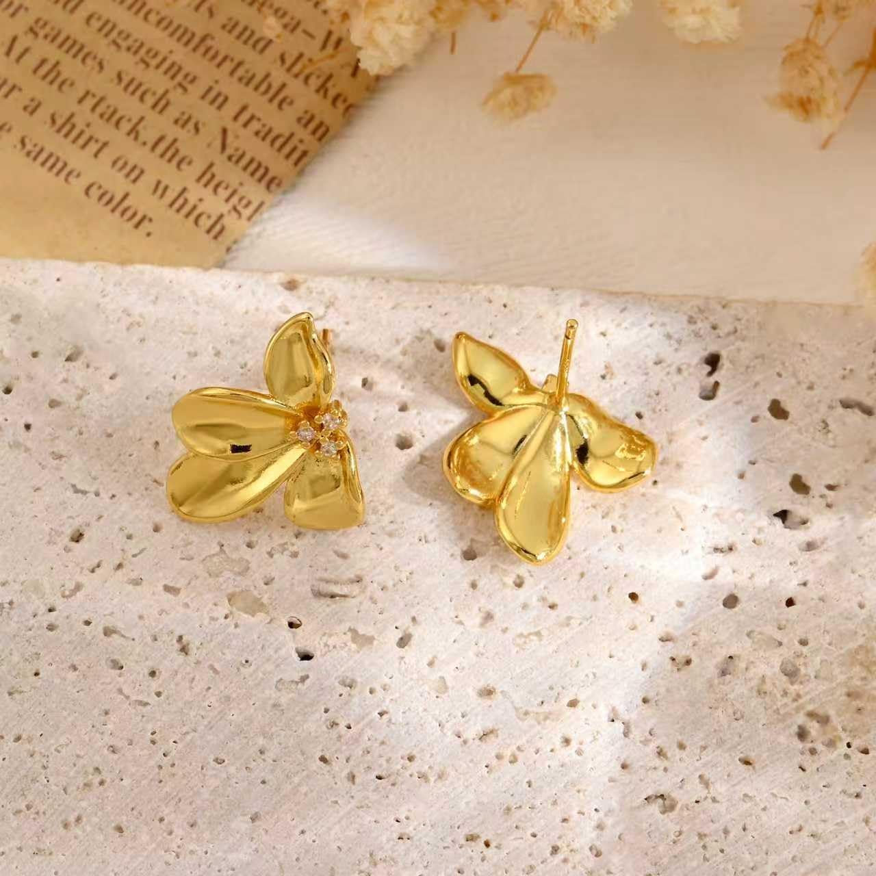 14K Gold Plated Flower Stud Lily Cubic Zirconia Earrings Studs Floral Earrings for Women - Image 8