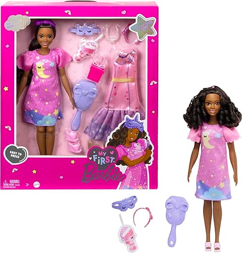 Barbie My First Barbie Muñeca preescolar, "Brooklyn" con cuerpo suave de 13.5 pulgadas, ropa y accesorios de lujo para fiestas y dormir, cabello