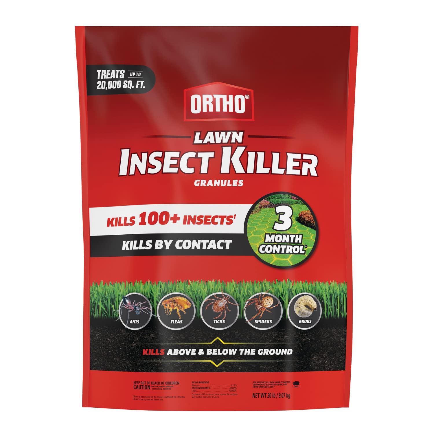 Ortho Lawn Insect Killer Granules: Treats up to 20,000 sq. ft., For Yard, Garden & Landscapes, Works on Listed Ants, Spiders, Fleas & Ticks, 20 lbs.