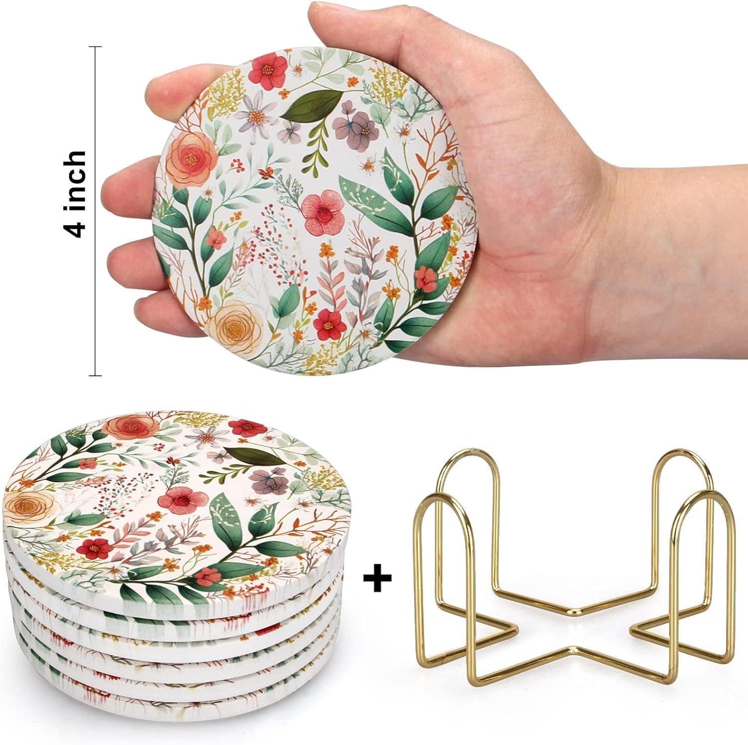 Deceram Floral Ceramic Coasters Set of 6 with Holder