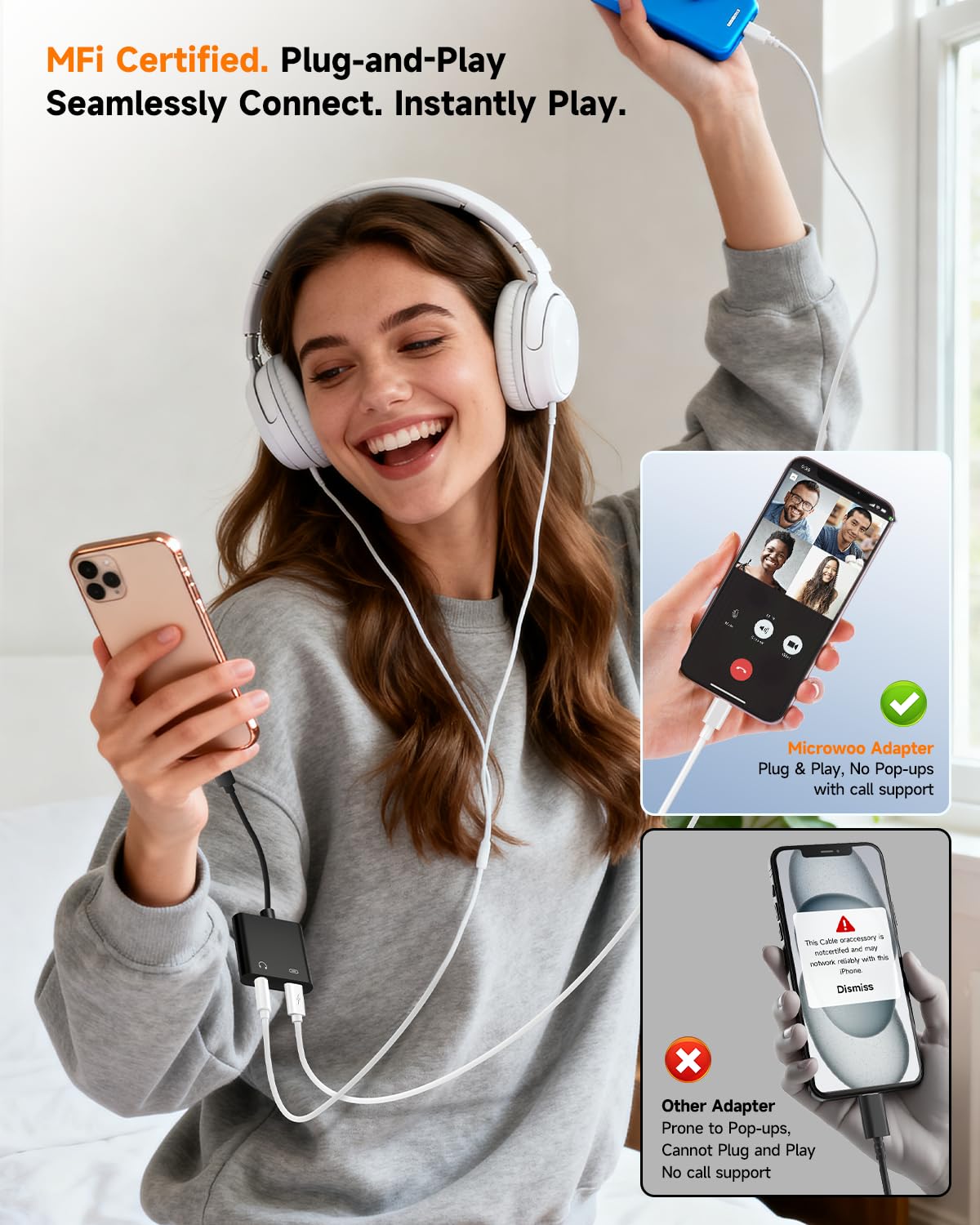 [Certificato MFi] Splitter 2 in 1 da Lightning a audio e caricabatterie da 3,5 mm per cuffie e ricarica rapida, compatibile con iPhone 14/13/12/11/X/8/iPad, AUX per auto, giochi, live streaming