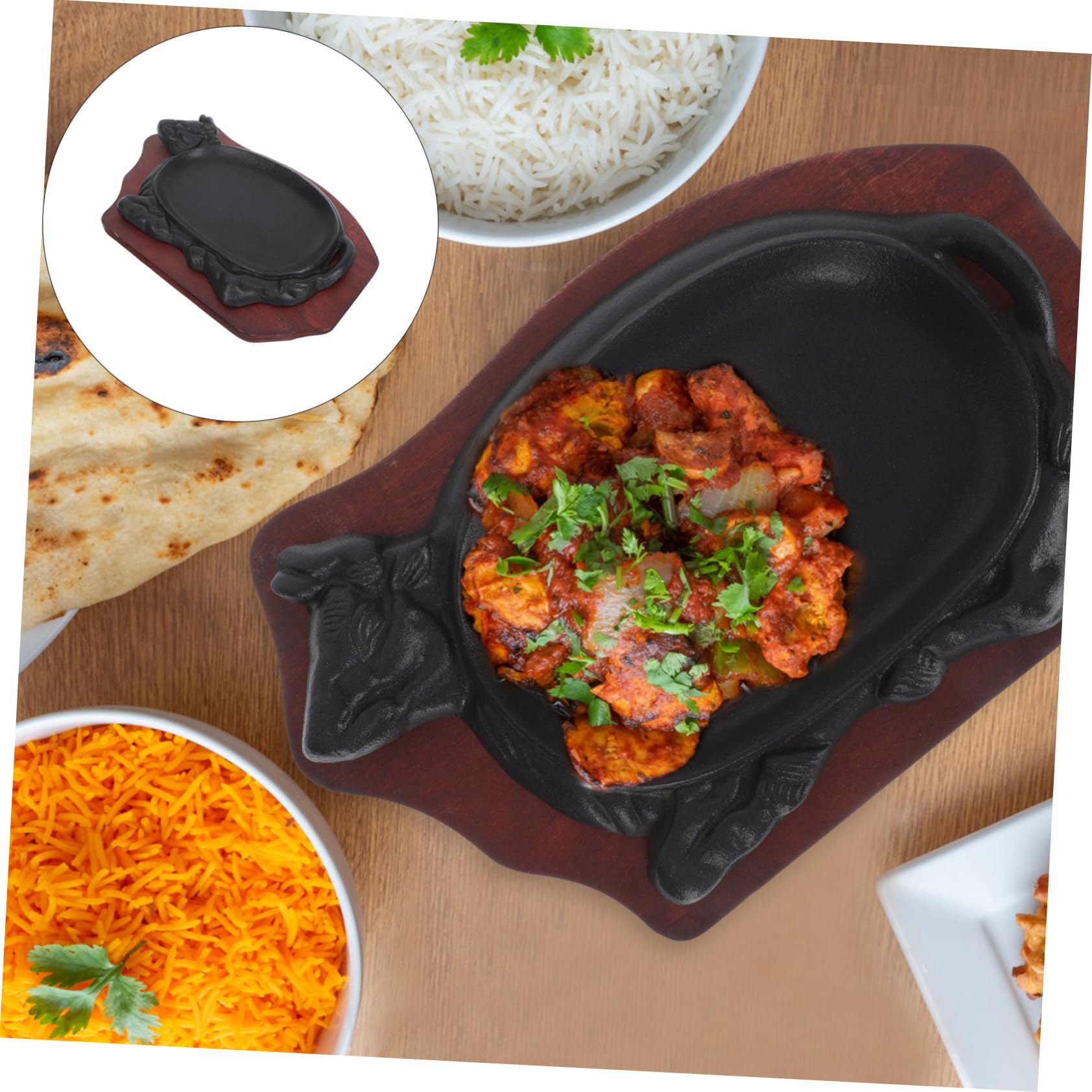 Piastra Bistecca in Ghisa Nera, Set 1 Pezzo Vassoio | Legno Incluso, Forma a Bue, Bordi Lisci senza Sbavature, Leggera e Facile da Trasportare