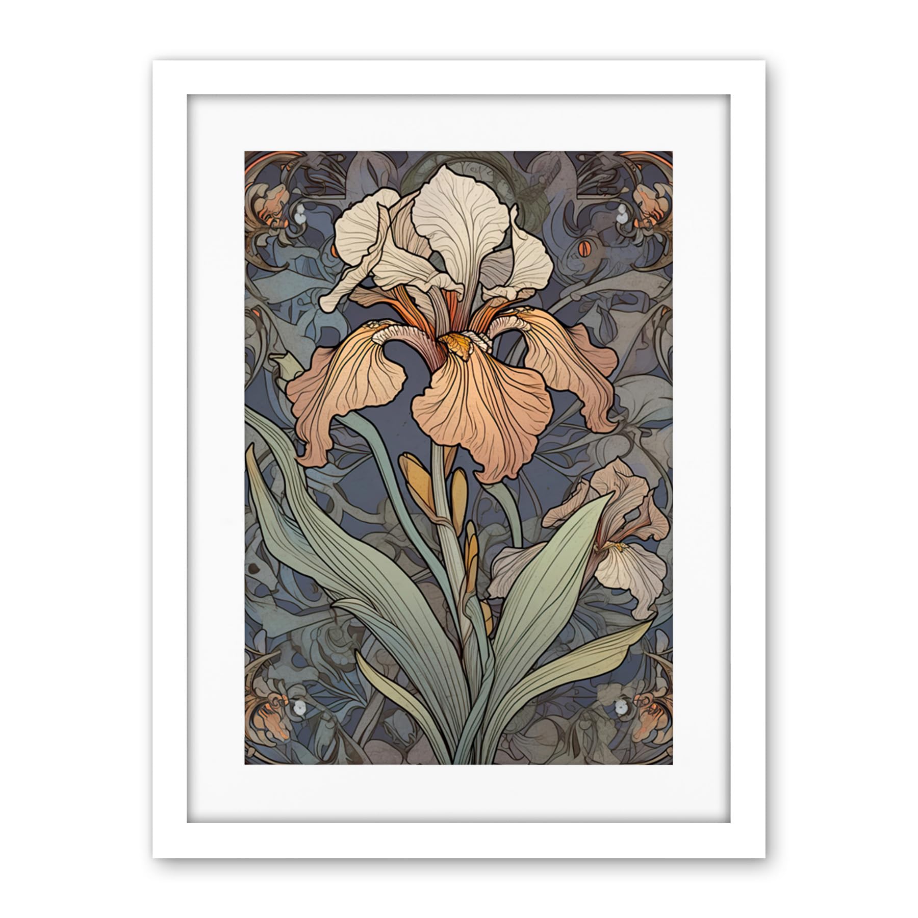 Artery8 Art Nouveau Style Iris Bloom Flower Watercolour Artwork Framed Wall Art Print 18X24 Inch