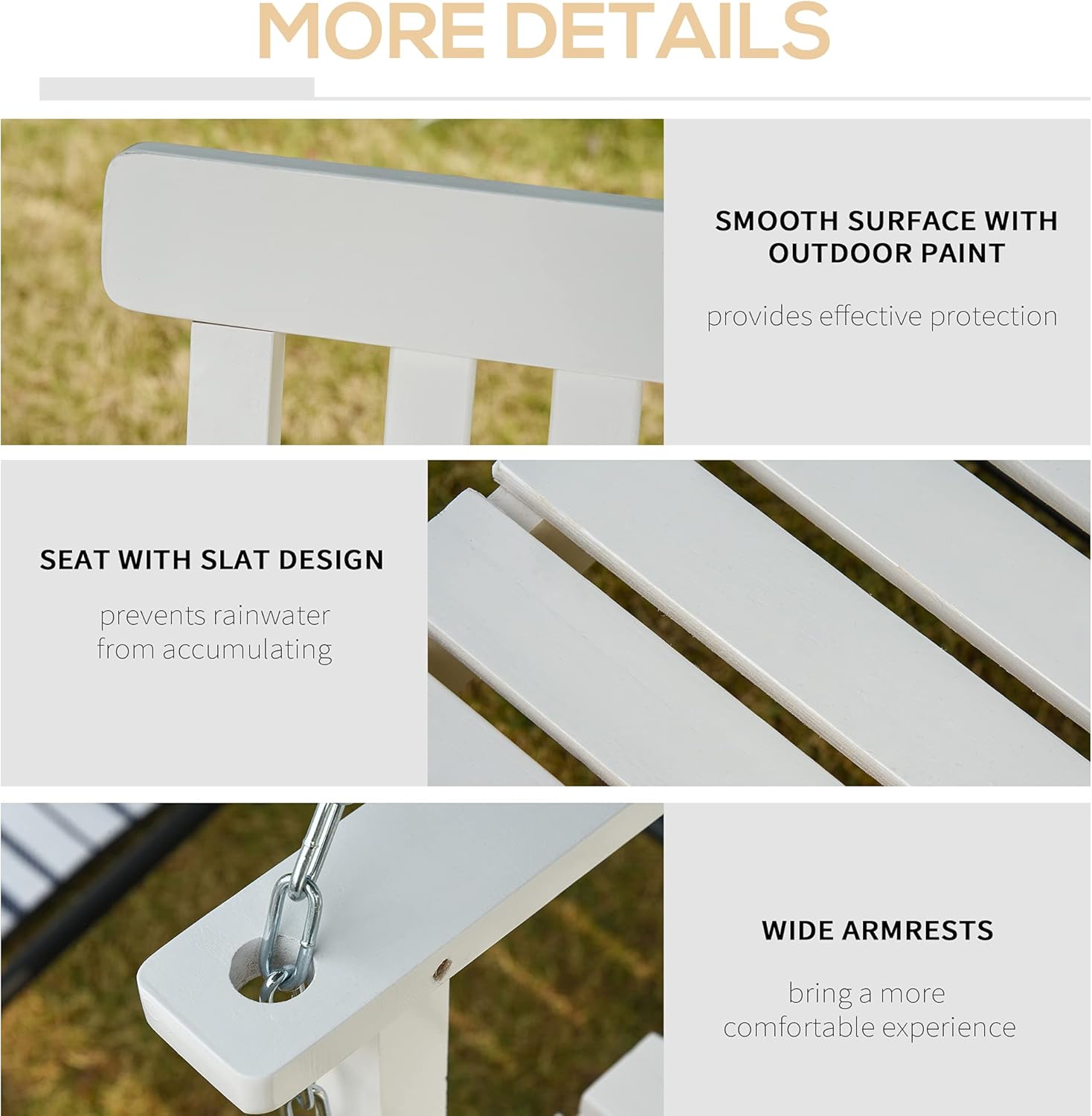Details of smooth surface, slat design, and wide armrests