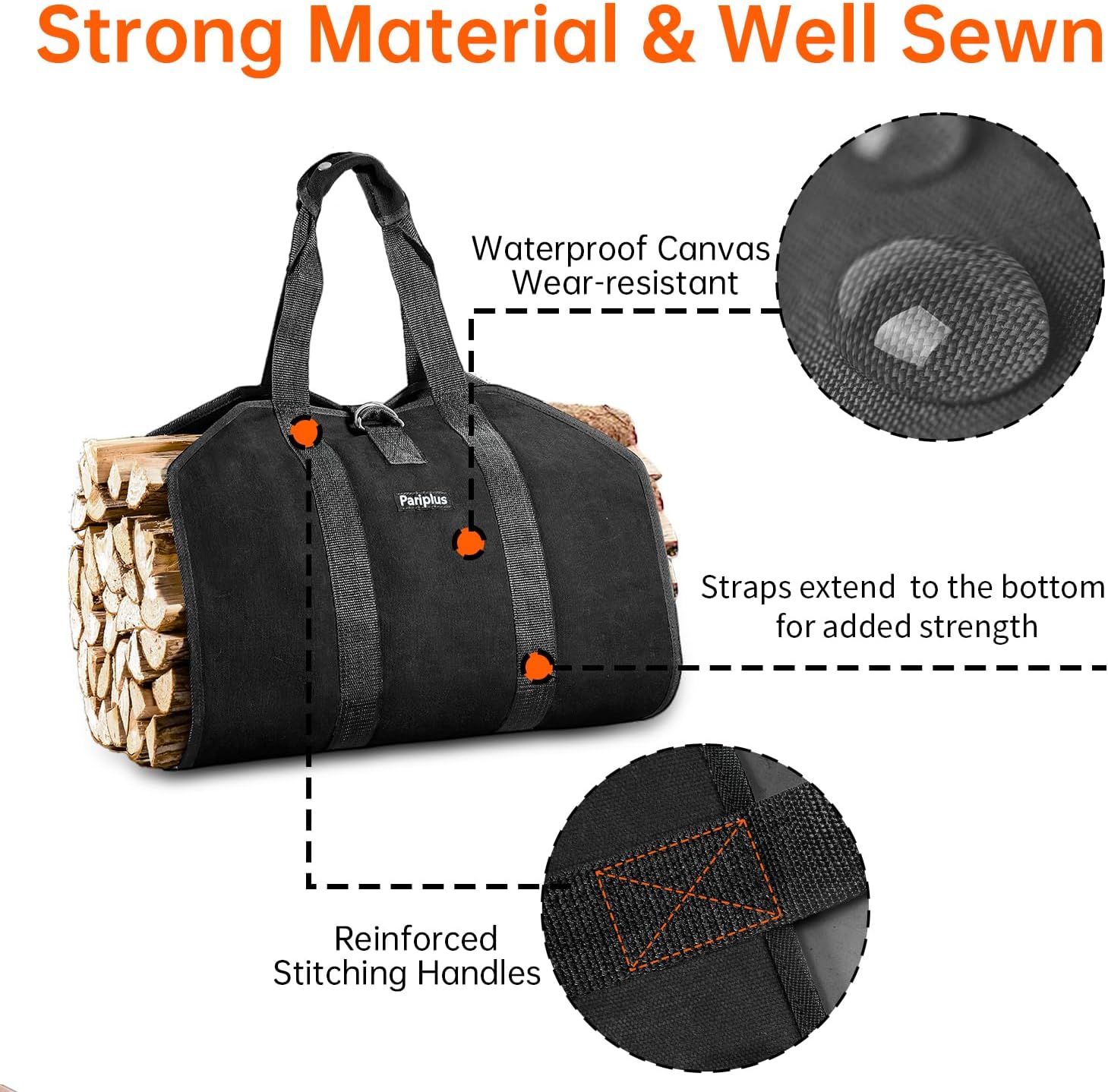 Firewood Carrier with Handles and Strap - Sturdy Canvas Wood Carrier Bag, Log Carrier Tote for Camping, Fireplace, Wood Stove Accessories - Black - Image 2